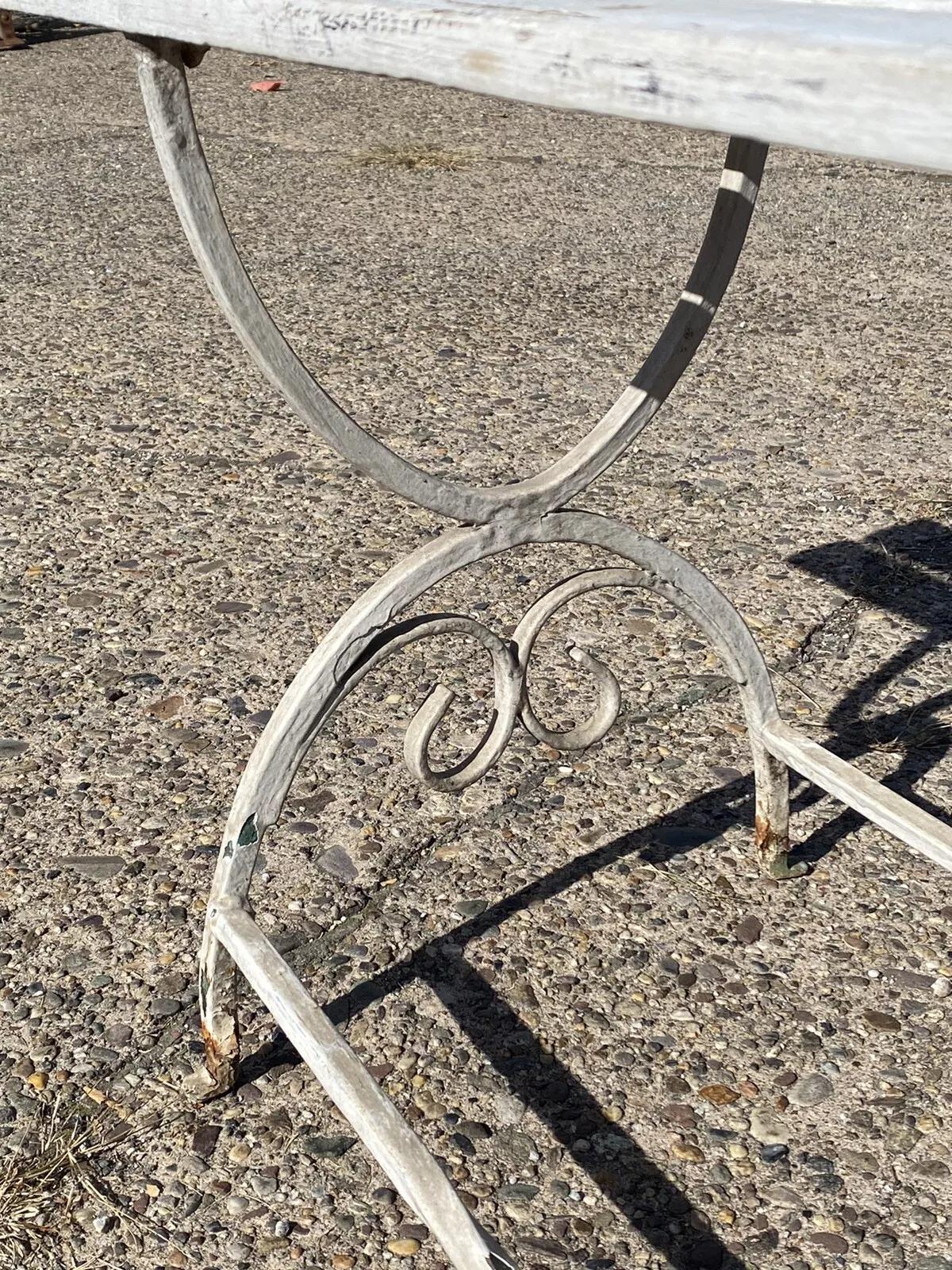 Vintage French Art Nouveau Scrolling Wrought Iron Wooden Slat Garden Patio Bench For Sale 2