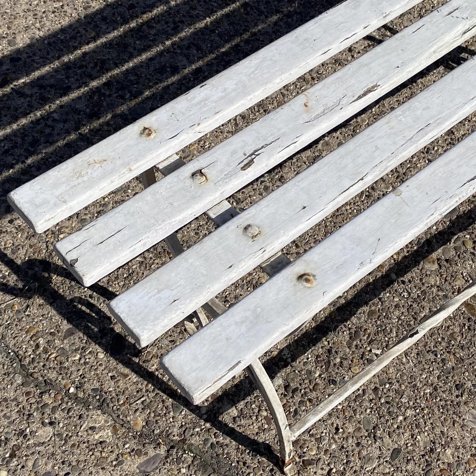 Vintage French Art Nouveau Scrolling Wrought Iron Wooden Slat Garden Patio Bench For Sale 3