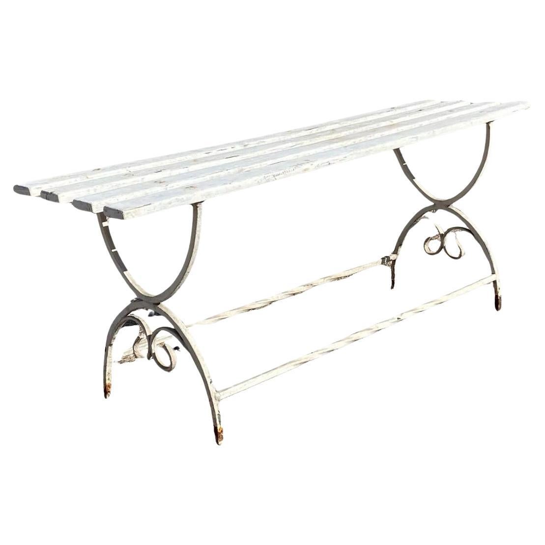 Vintage French Art Nouveau Scrolling Wrought Iron Wooden Slat Garden Patio Bench