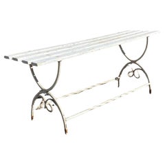 Vintage French Art Nouveau Scrolling Wrought Iron Wooden Slat Garden Patio Bench