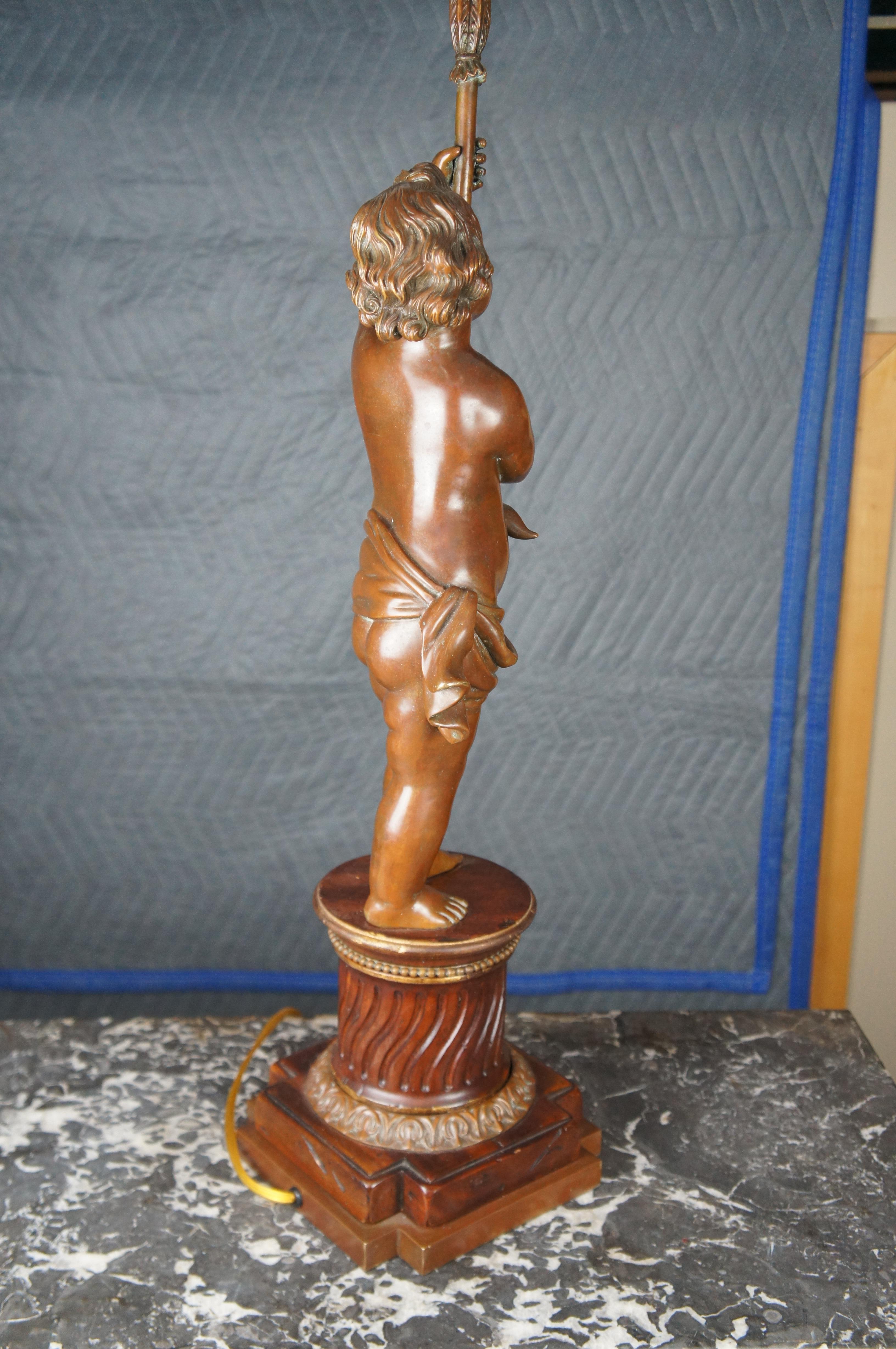 Vintage French Art Nouveau Style Bronze Cherub Table Lamp Mahogany Carved Base For Sale 6