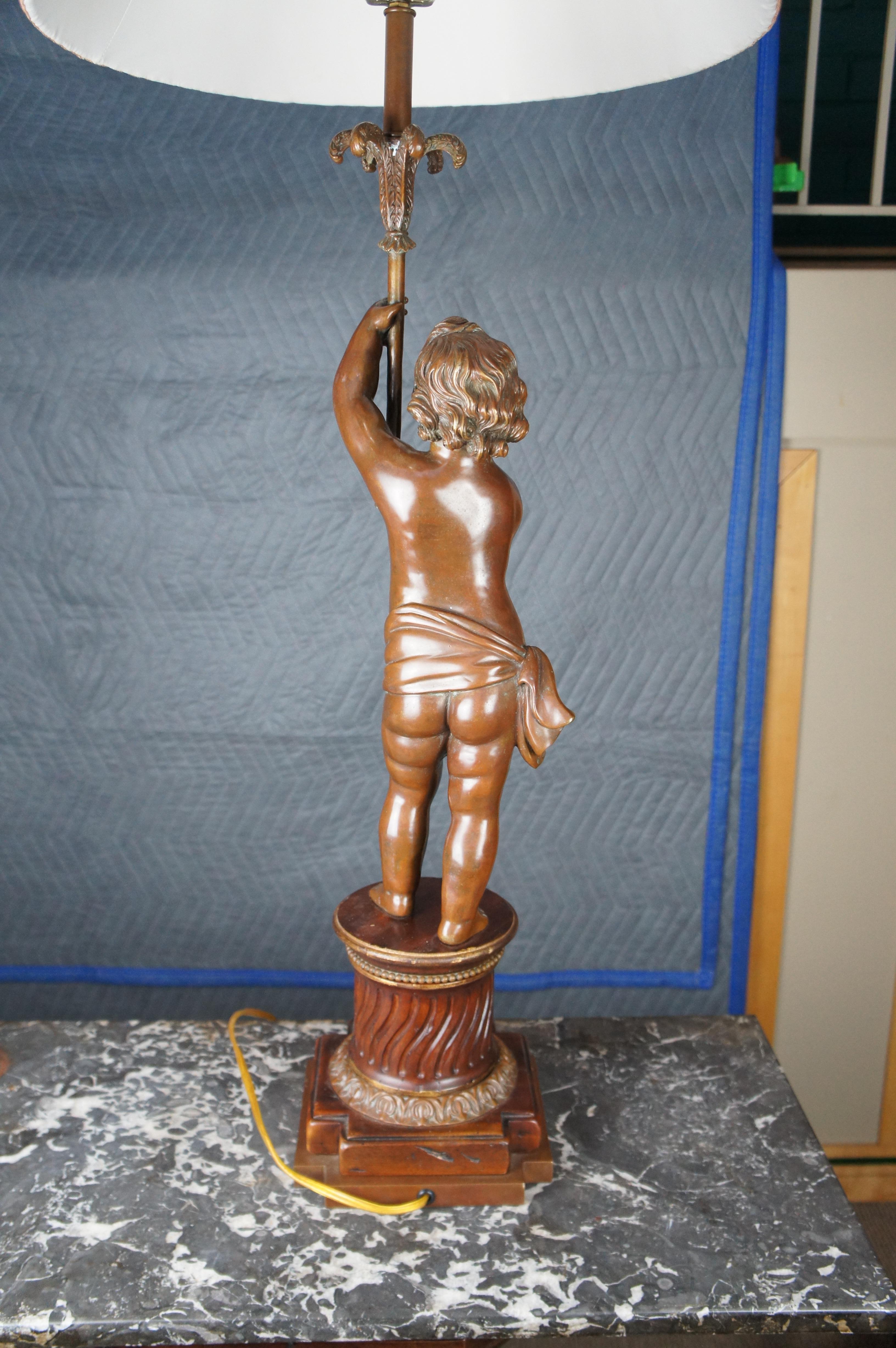 Vintage French Art Nouveau Style Bronze Cherub Table Lamp Mahogany Carved Base For Sale 7