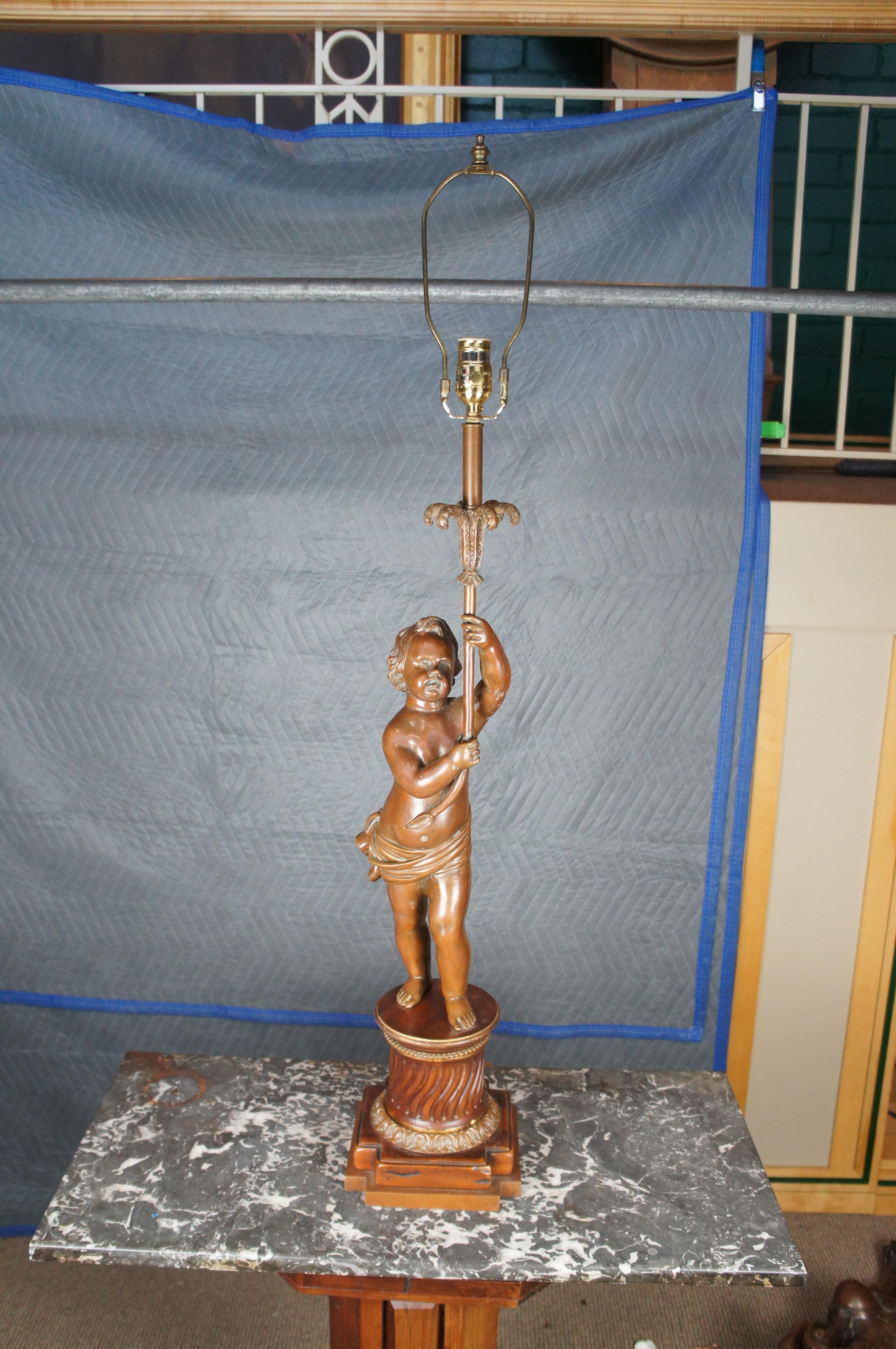 Vintage French Art Nouveau Style Bronze Cherub Table Lamp Mahogany Carved Base For Sale 8