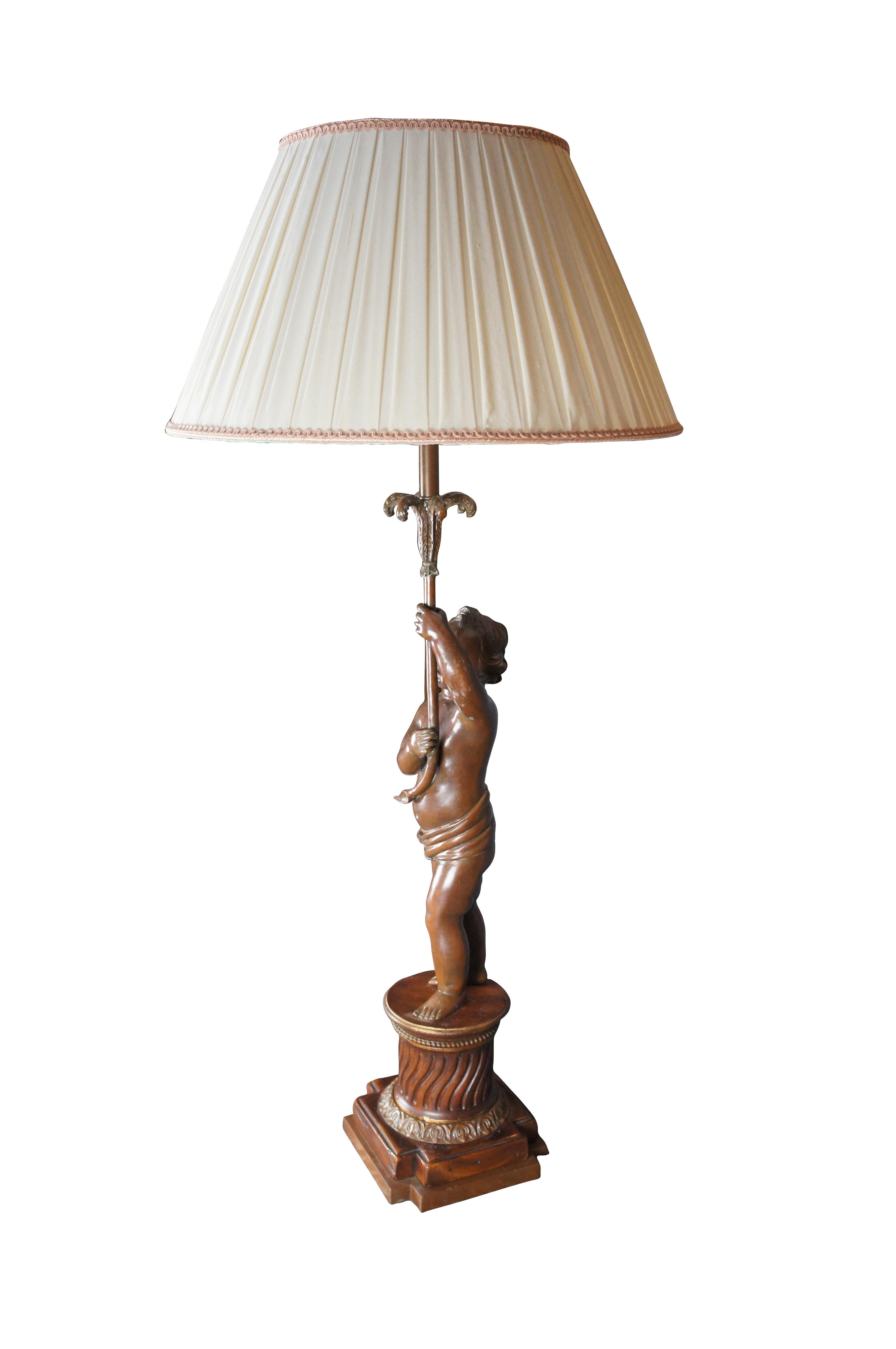 Vintage French Art Nouveau Style Bronze Cherub Table Lamp Mahogany Carved Base In Good Condition For Sale In Dayton, OH
