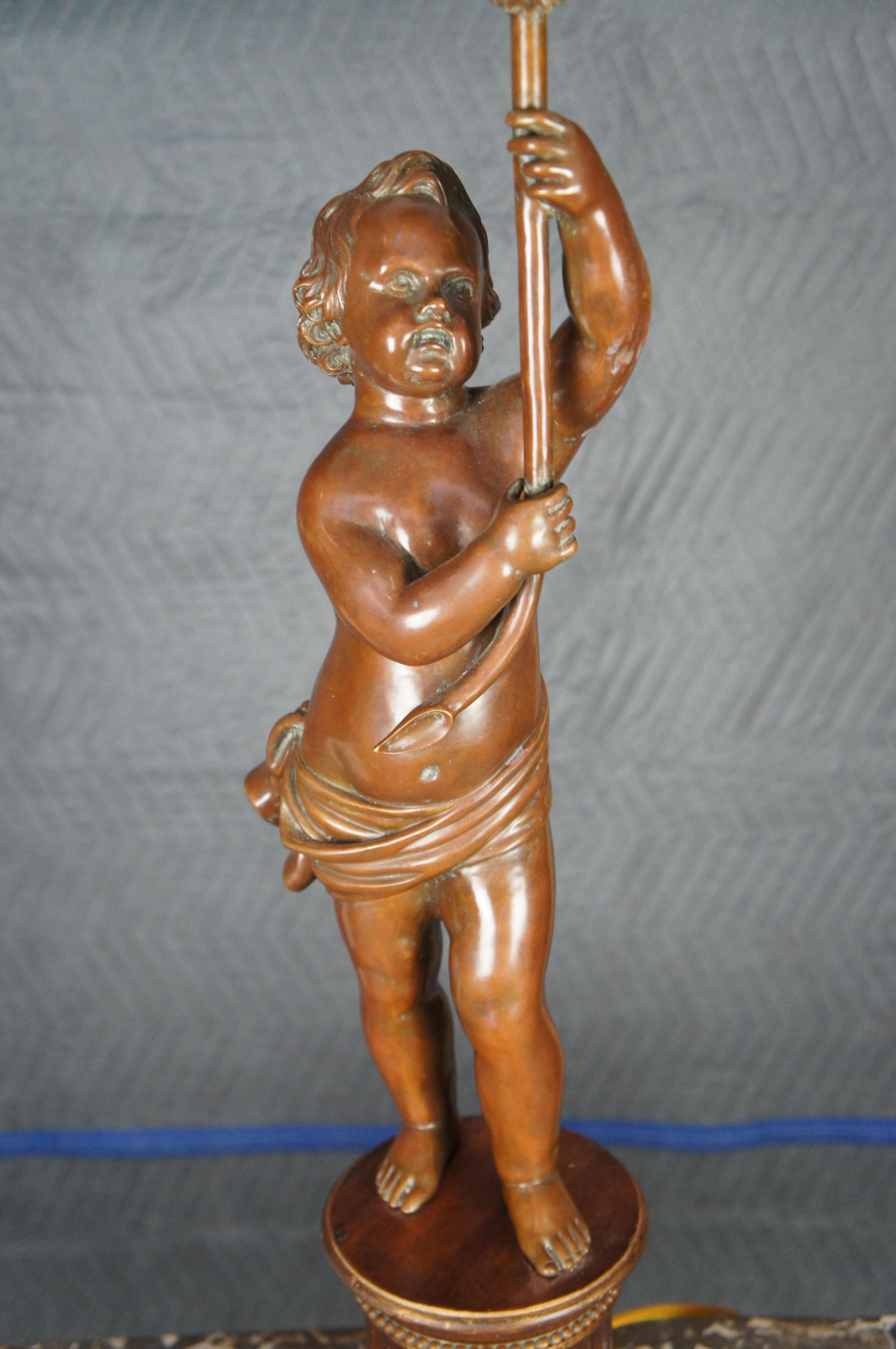 20th Century Vintage French Art Nouveau Style Bronze Cherub Table Lamp Mahogany Carved Base For Sale