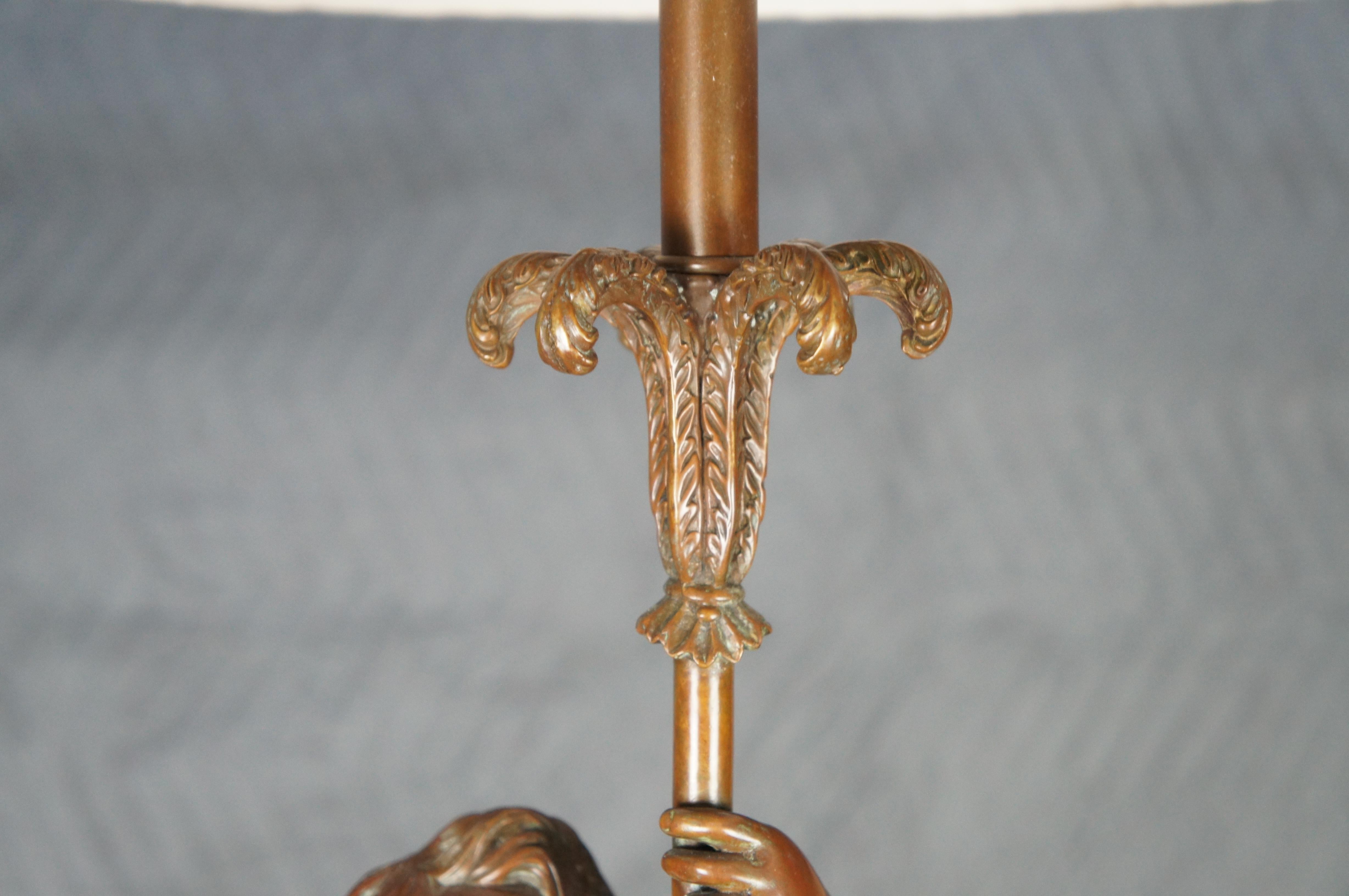 Vintage French Art Nouveau Style Bronze Cherub Table Lamp Mahogany Carved Base For Sale 1