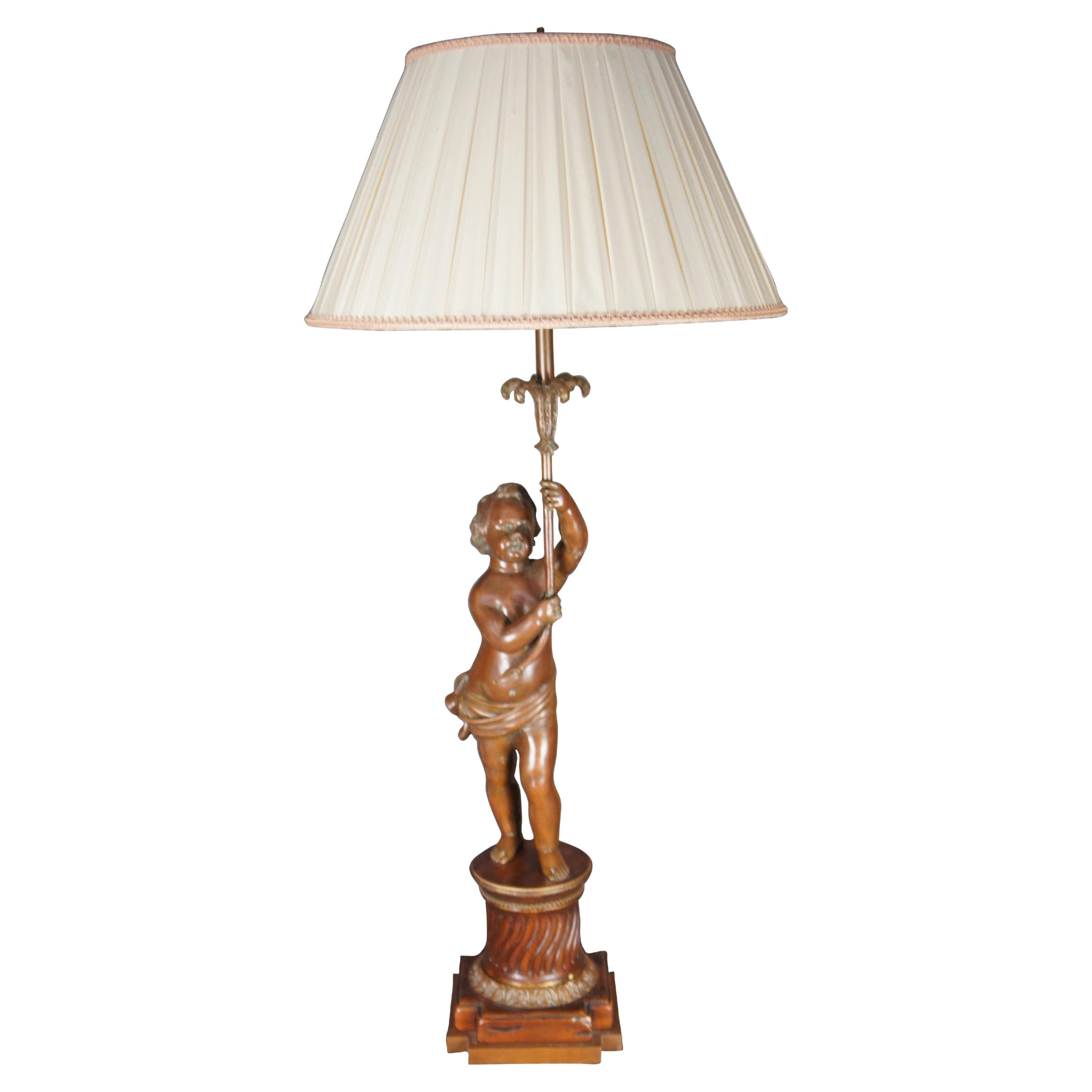 Vintage French Art Nouveau Style Bronze Cherub Table Lamp Mahogany Carved Base For Sale