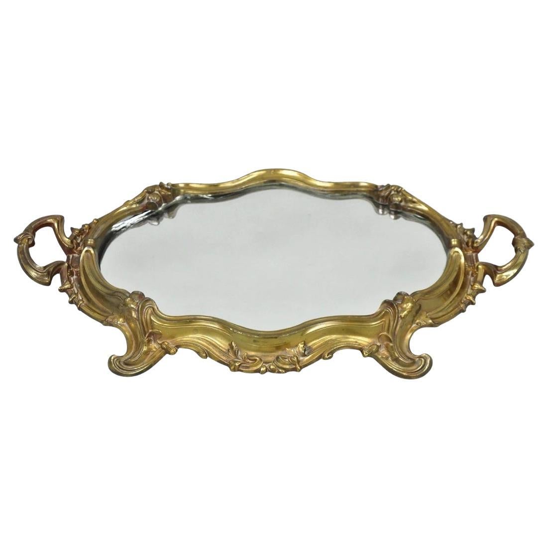 Vintage French Art Nouveau Style Bronze Vanity Mirror Powder Room Perfume Tray