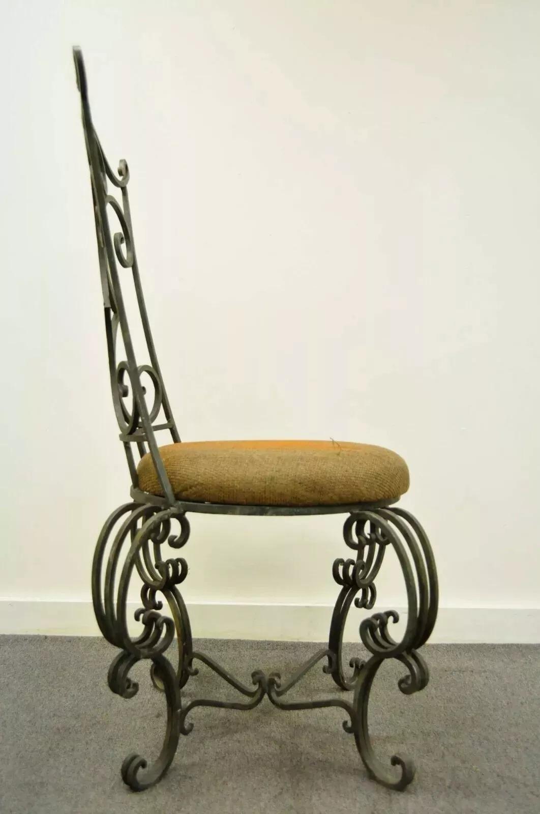 Vintage French Art Nouveau Style Hand Forged Scrolling Wrought Iron Side Chair For Sale 3