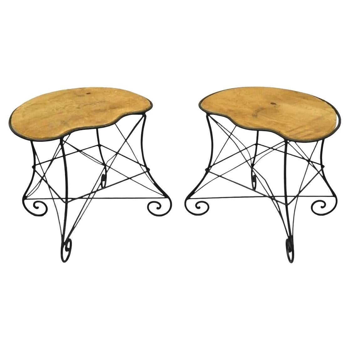 Vintage French Art Nouveau Style Scrolling Wrought Iron Stools - a Pair
