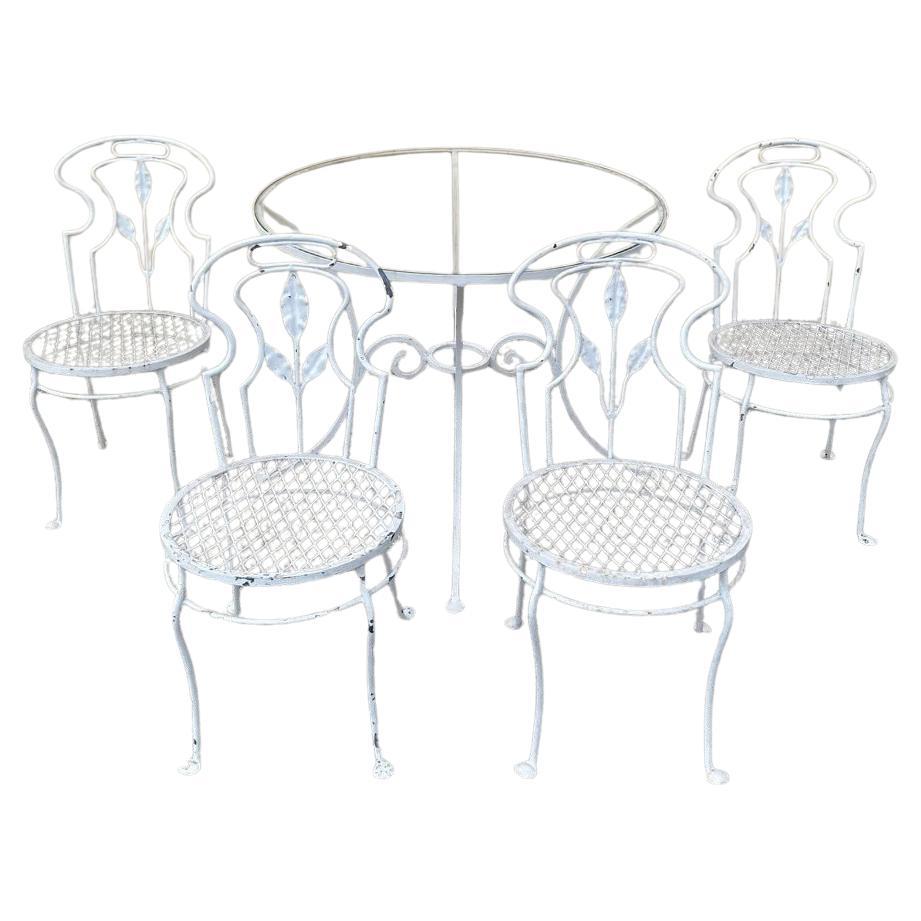 Vintage French Art Nouveau Style Wrought Iron Garden Patio Dining Set - 5 Pc Set