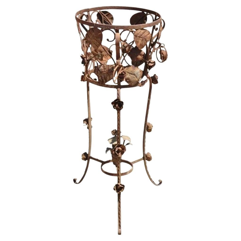 Vintage French Art Nouveau Wrought Iron Leaf Vine Garden Planter Pot Plant Stand