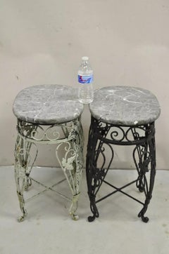 Vintage French Art Nouveau Wrought Iron Marble Top Painted Side Tables - a Pair
