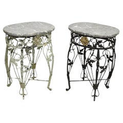 Vintage French Art Nouveau Wrought Iron Marble Top Painted Side Tables - a Pair