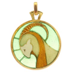 Vintage French Arthur Bertrand 18k Gold Plique a Jour & Enamel Capricorn Pendant