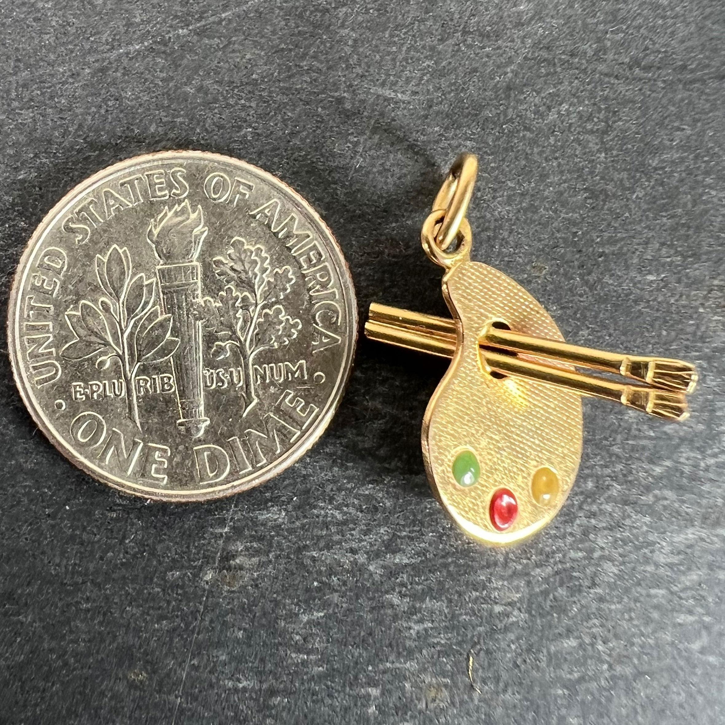 Vintage French Artist's Palette 18K Yellow Gold Enamel Charm Pendant For Sale 6