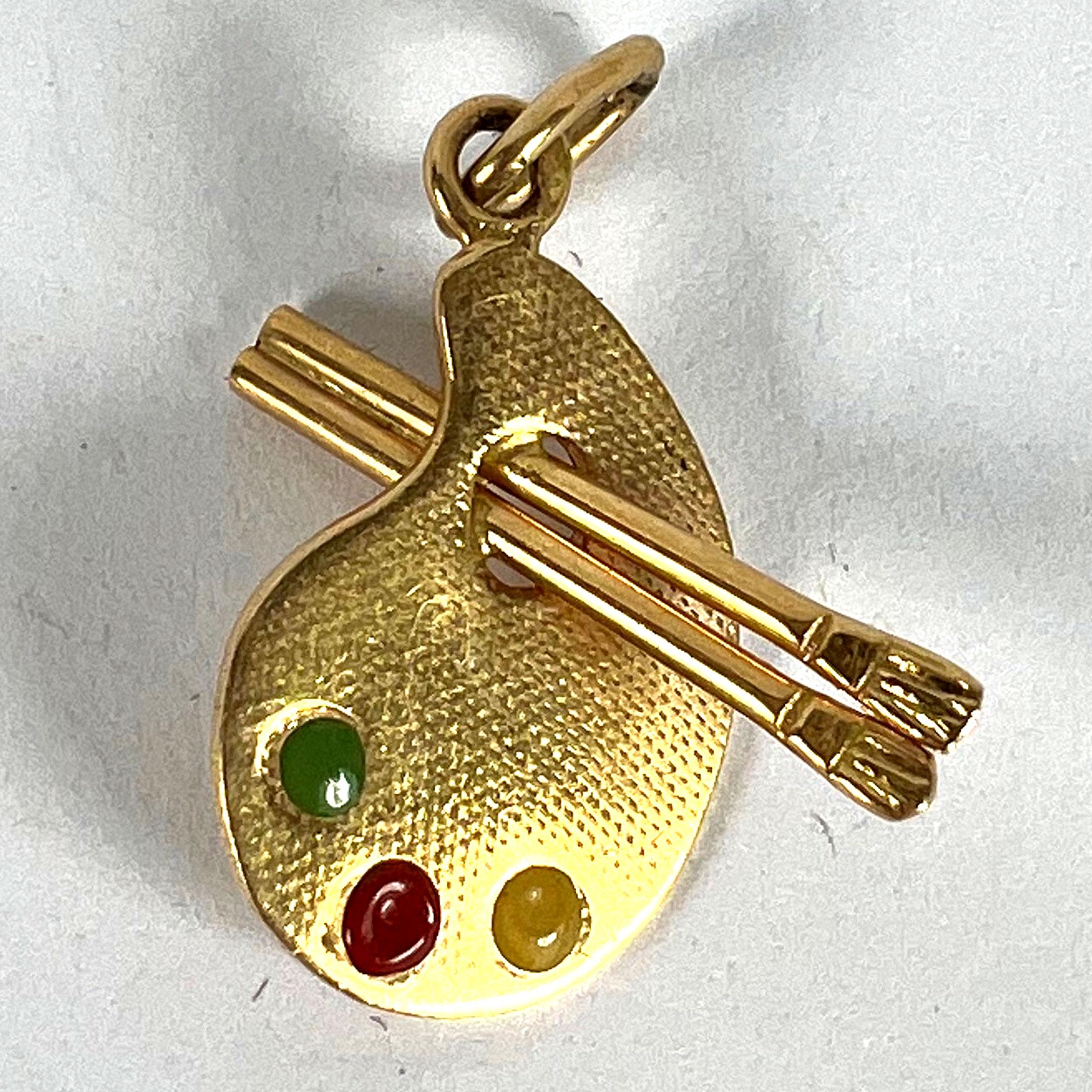 Vintage French Artist's Palette 18K Yellow Gold Enamel Charm Pendant For Sale 7