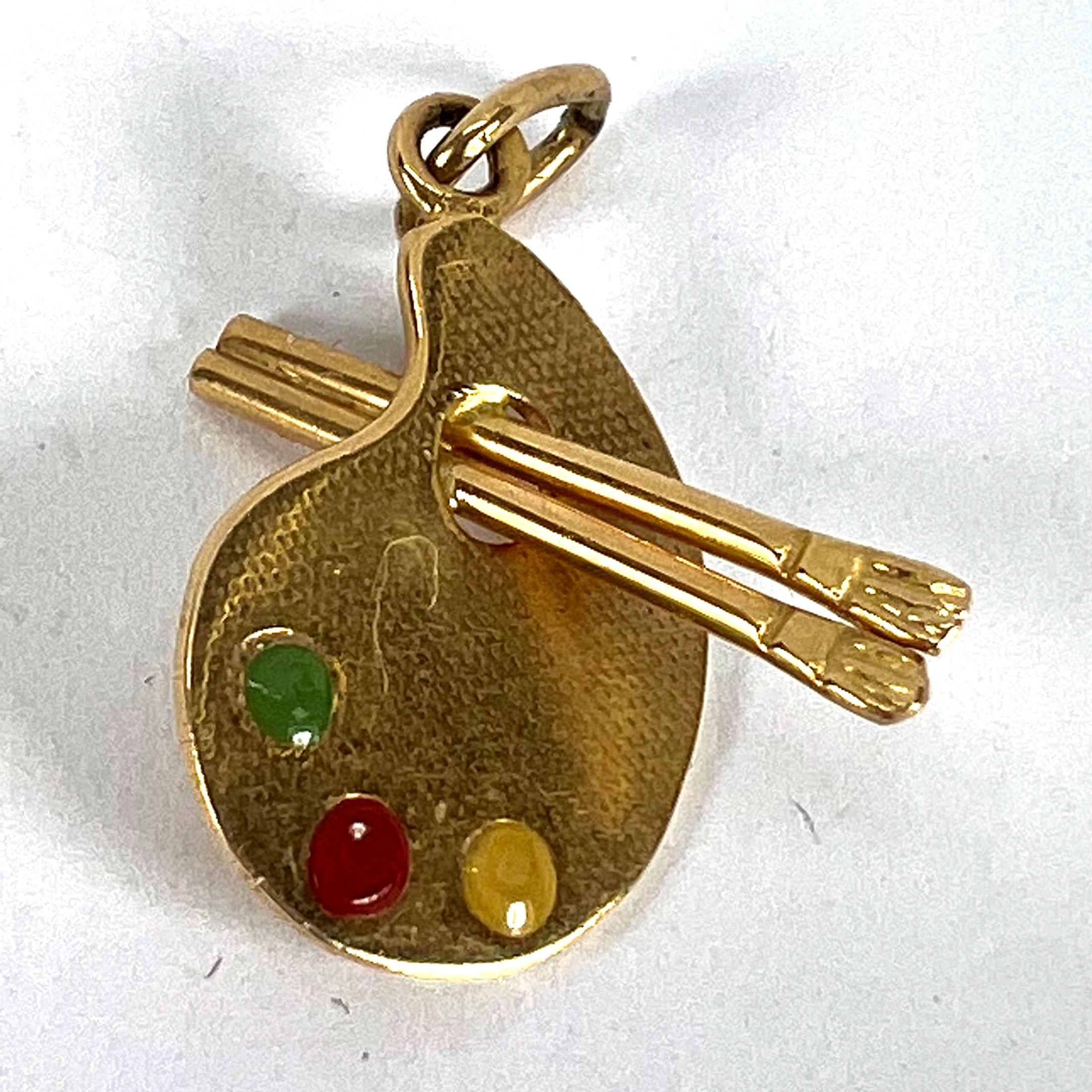 Vintage French Artist's Palette 18K Yellow Gold Enamel Charm Pendant For Sale 8