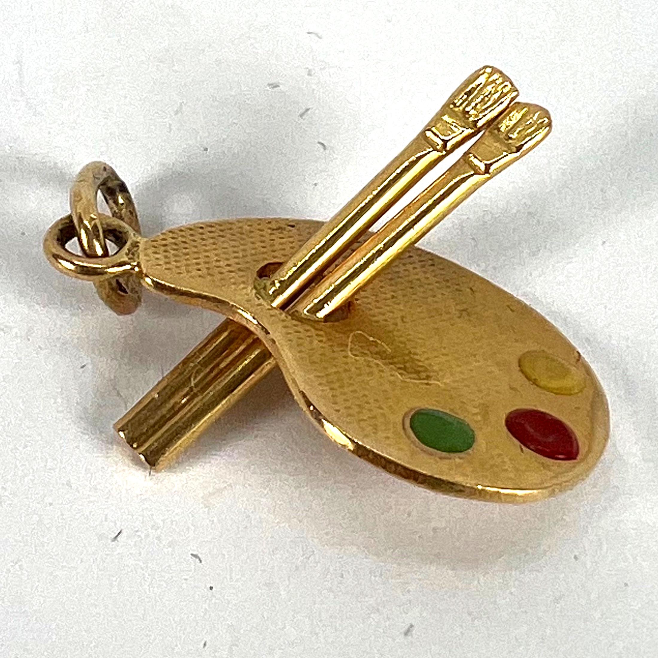Vintage French Artist's Palette 18K Yellow Gold Enamel Charm Pendant For Sale 10