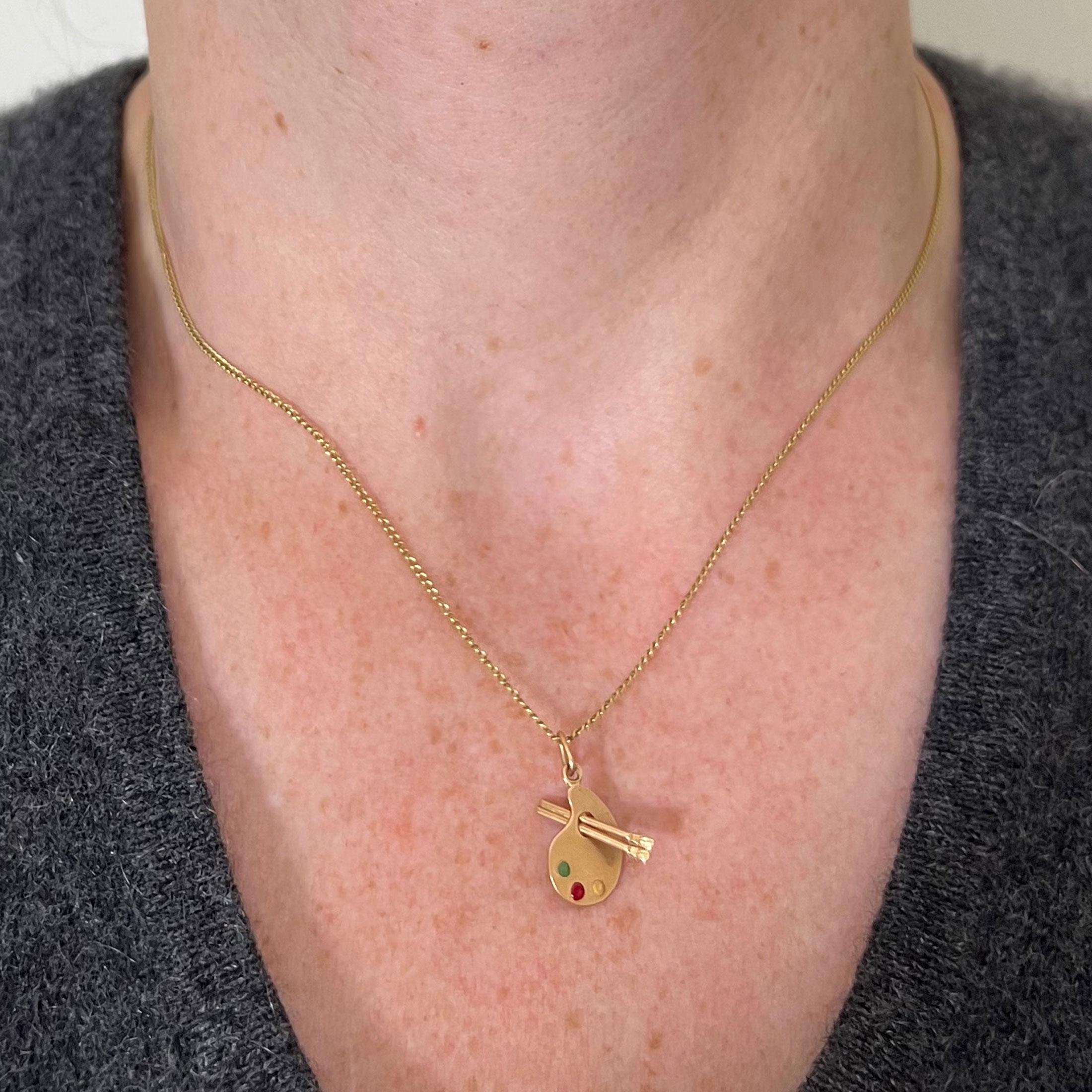 Women's or Men's Vintage French Artist's Palette 18K Yellow Gold Enamel Charm Pendant For Sale