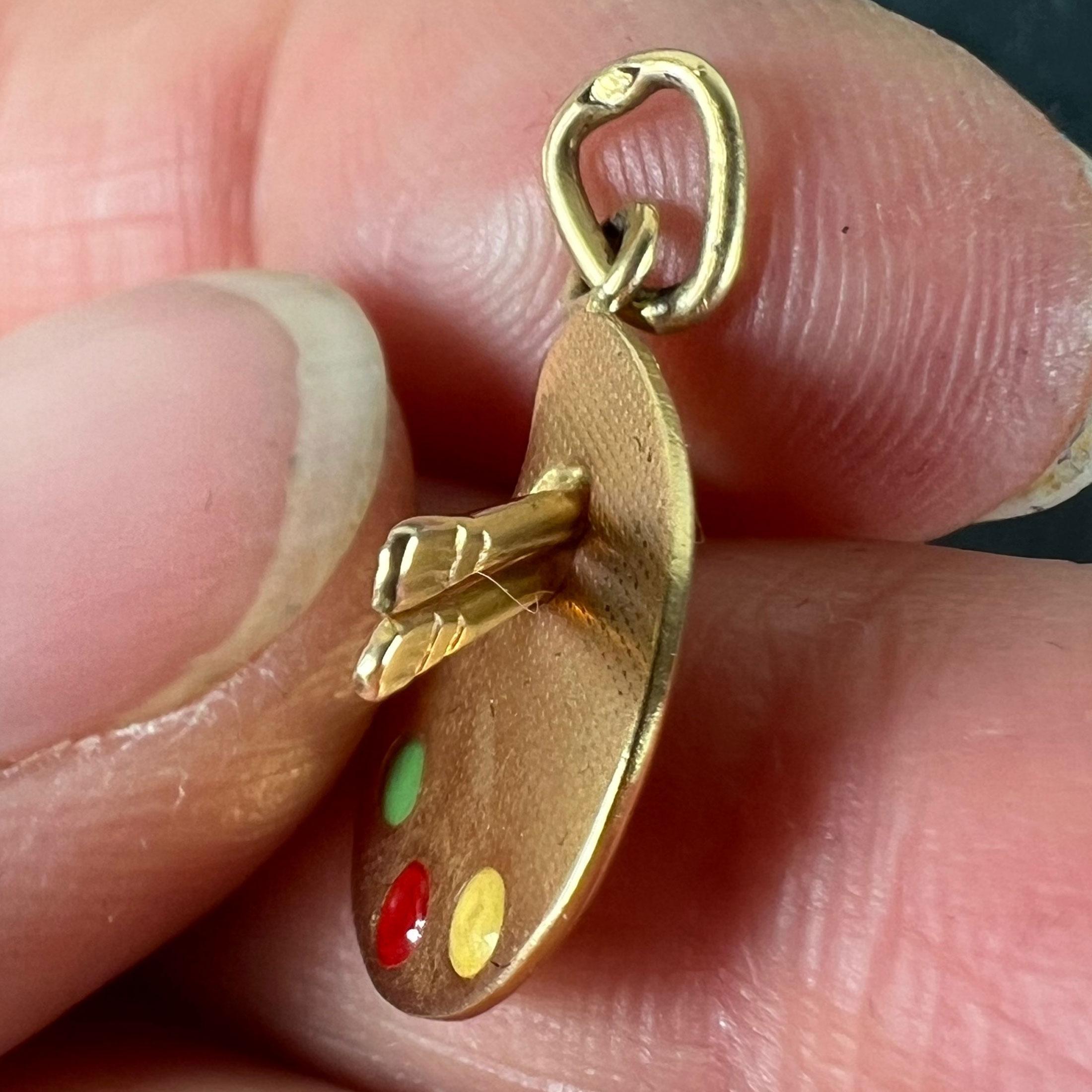 Vintage French Artist's Palette 18K Yellow Gold Enamel Charm Pendant For Sale 3