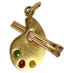 Vintage French Artist's Palette 18K Gelbgold Emaille Charm Anhänger