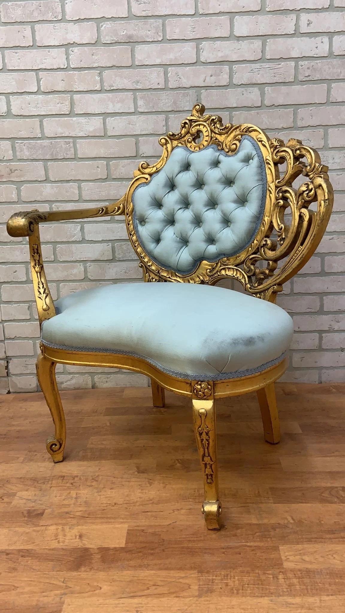 Unknown Vintage French Asymmetrical Gold-Gilded Baroque Revival Tufted Accent Chair