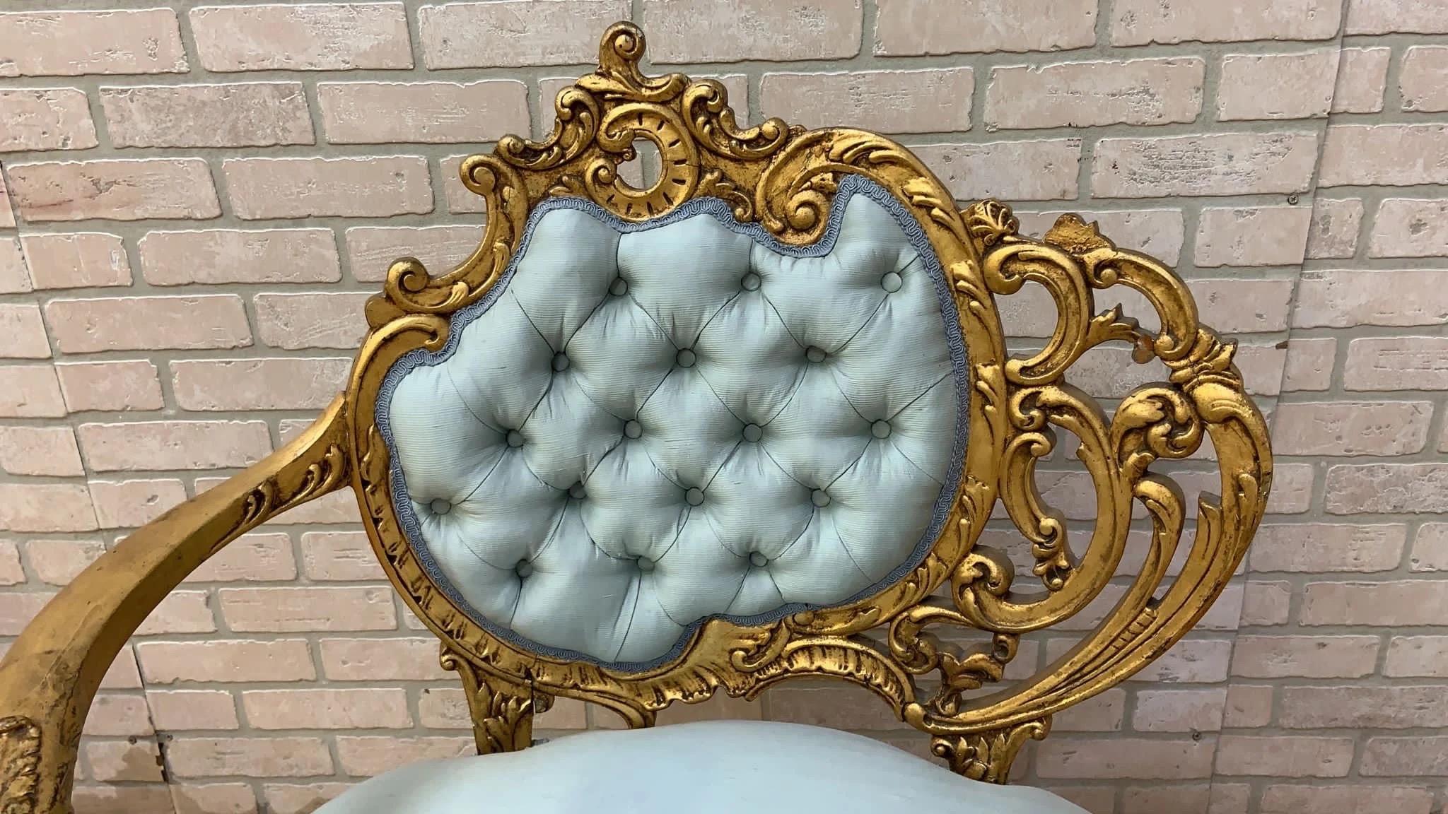 Carved Vintage French Asymmetrical Gold-Gilded Baroque Revival Tufted Accent Chair