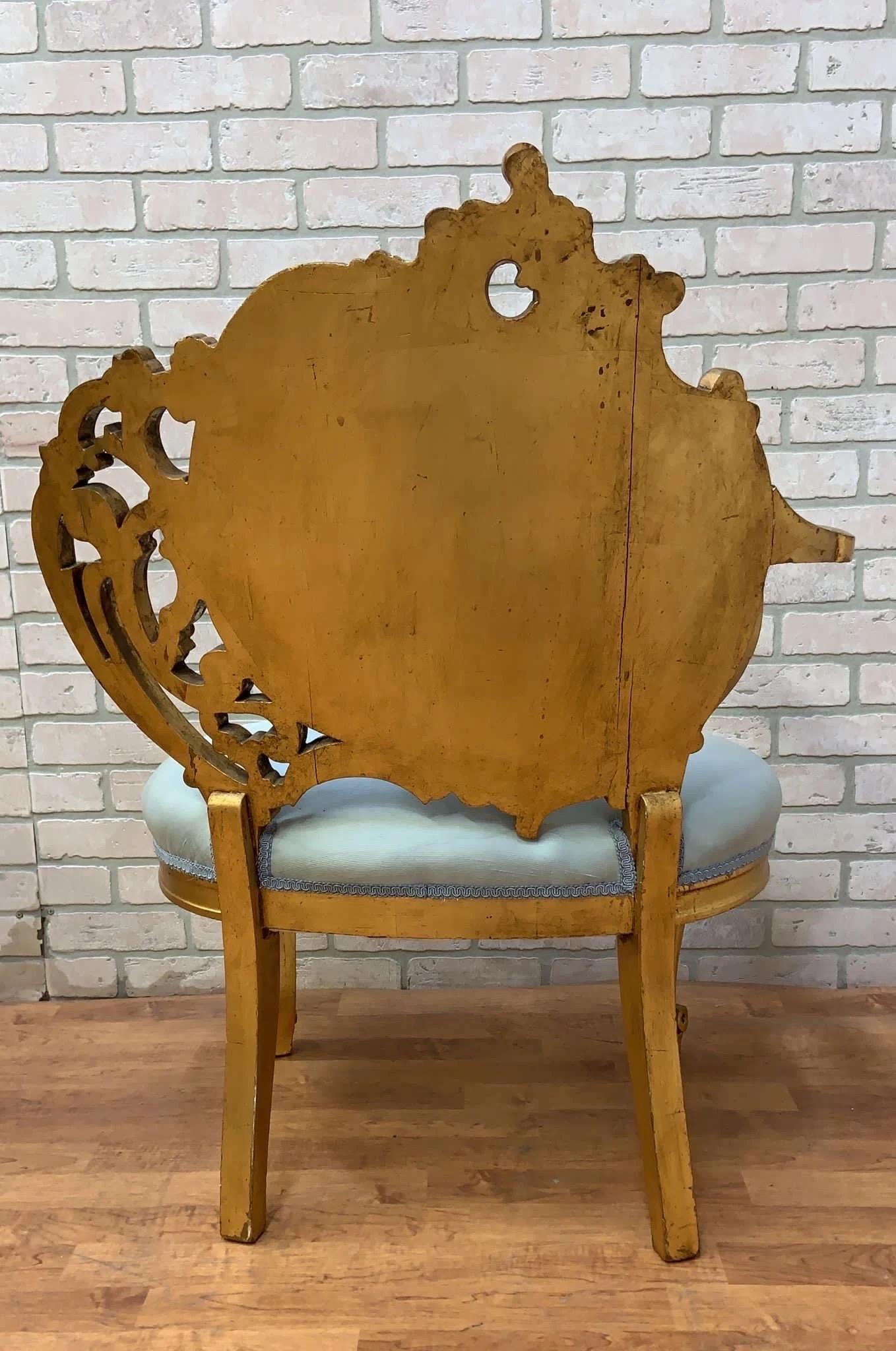 Silk Vintage French Asymmetrical Gold-Gilded Baroque Revival Tufted Accent Chair