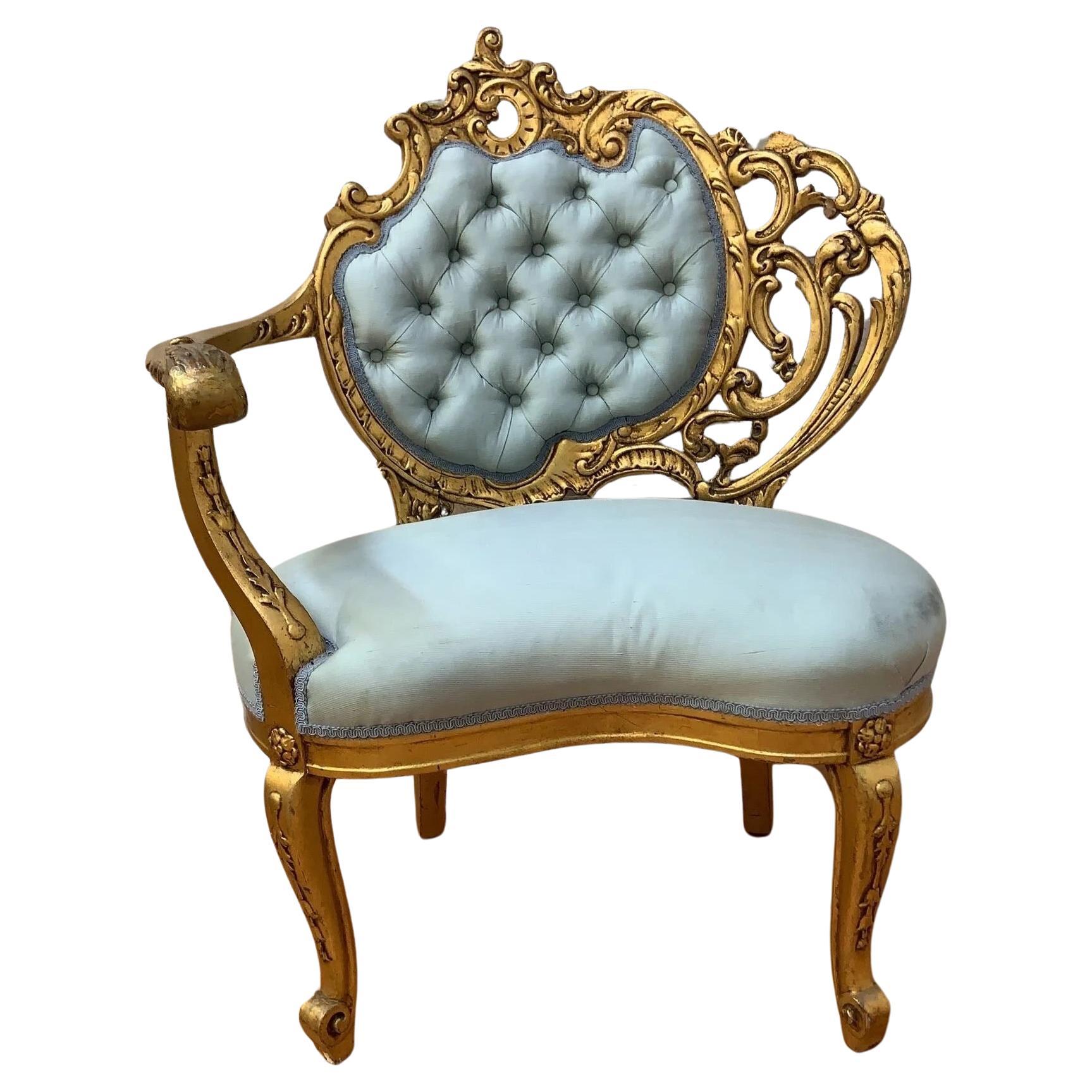 Vintage French Asymmetrical Gold-Gilded Baroque Revival Tufted Accent Chair