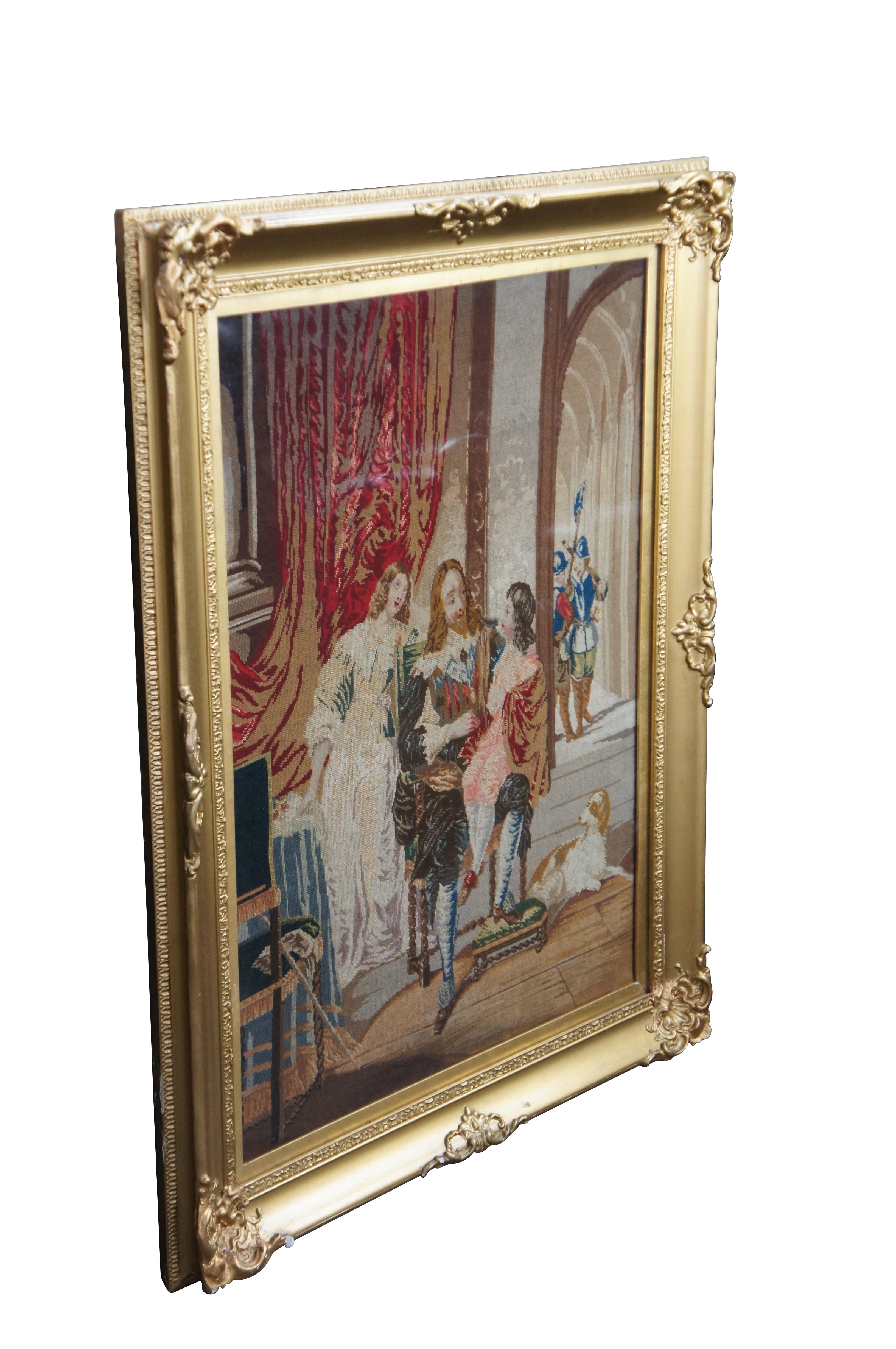Ricamo incorniciato a punto croce del XX secolo raffigurante King Charles seduto con il Duca di Gloucester in grembo e la Principessa Elisabetta sul retro.  Un cane è seduto verso destra e le guardie vengono mostrate lungo il corridoio posteriore. 