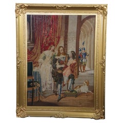 Arazzo ricamato Aubusson francese d'epoca King Charles Bidding Farewell 38"