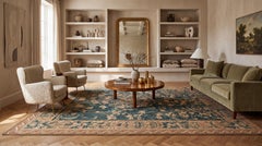 Vintage French Aubusson Handcrafted  Wool Rug In Green With a Foliage Design