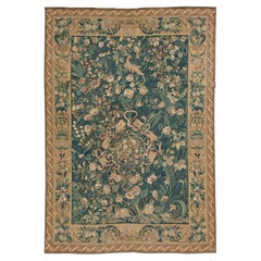 Vintage French Aubusson Handcrafted  Wool Rug In Green With a Foliage Design