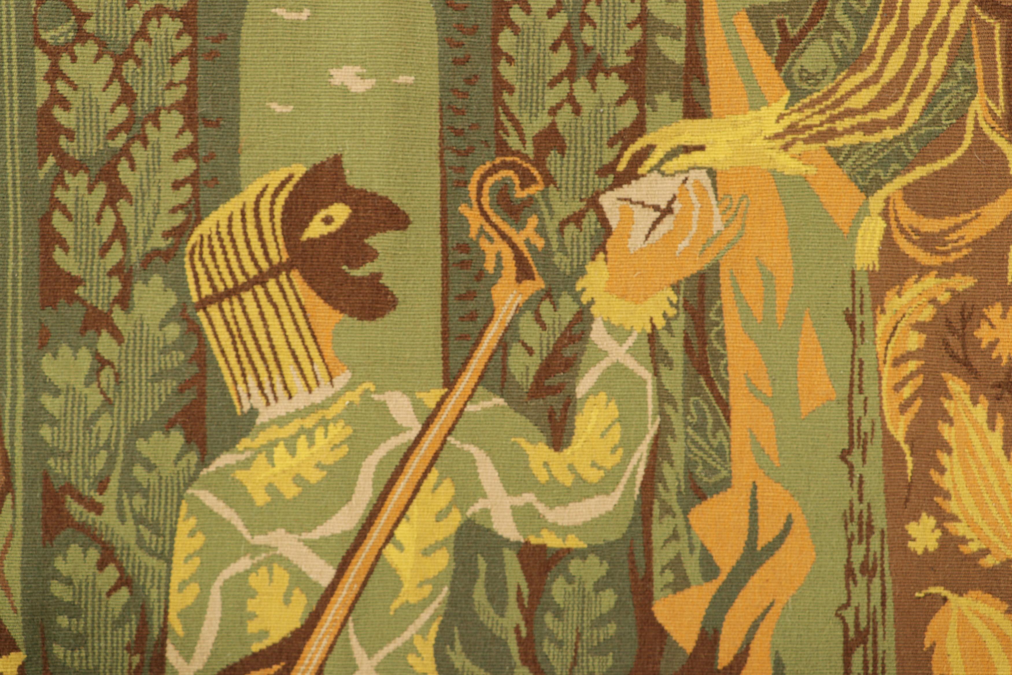 Hand-Woven Vintage French Aubusson Mandaroux Tapestry in Green with Pictorial  Rug & Kilim For Sale