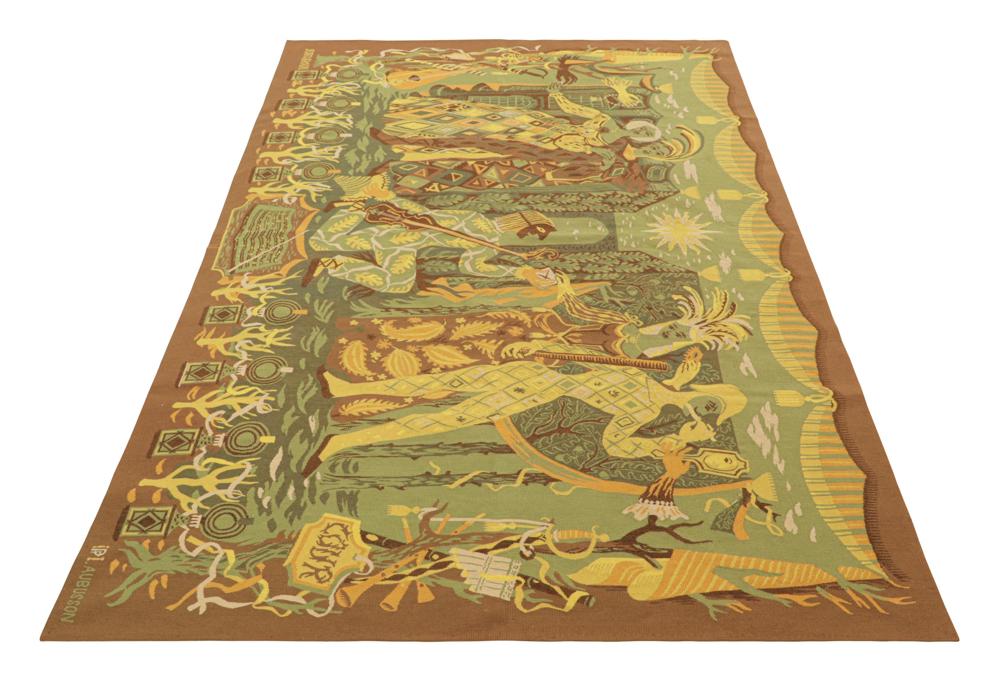 Mid-20th Century Vintage French Aubusson Mandaroux Tapestry in Green with Pictorial  Rug & Kilim For Sale