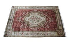 Vintage French Aubusson Red Floral Wool Area Rug Carpet Mat