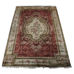 Vintage French Aubusson Red Floral Wool Area Rug Carpet Mat