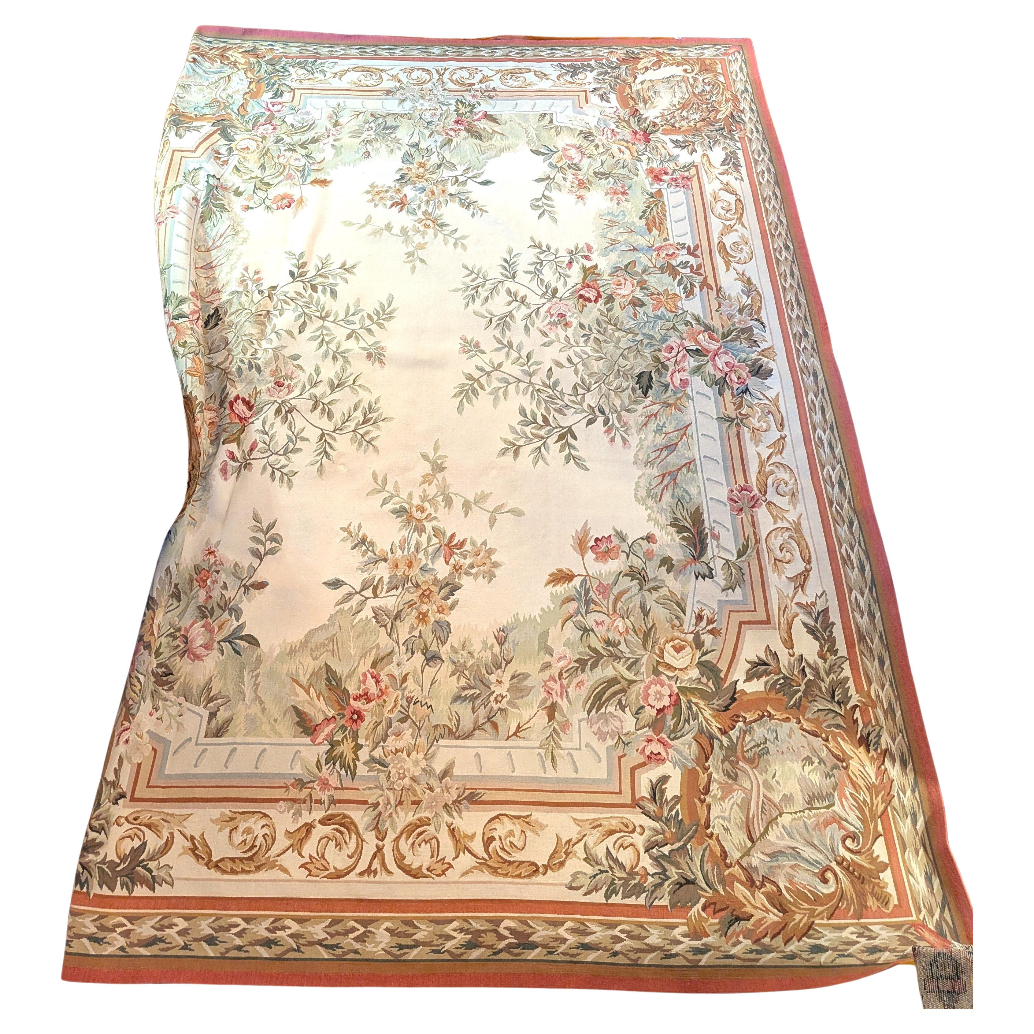Vintage French Aubusson Rug Floral Natural Design 9
x 12