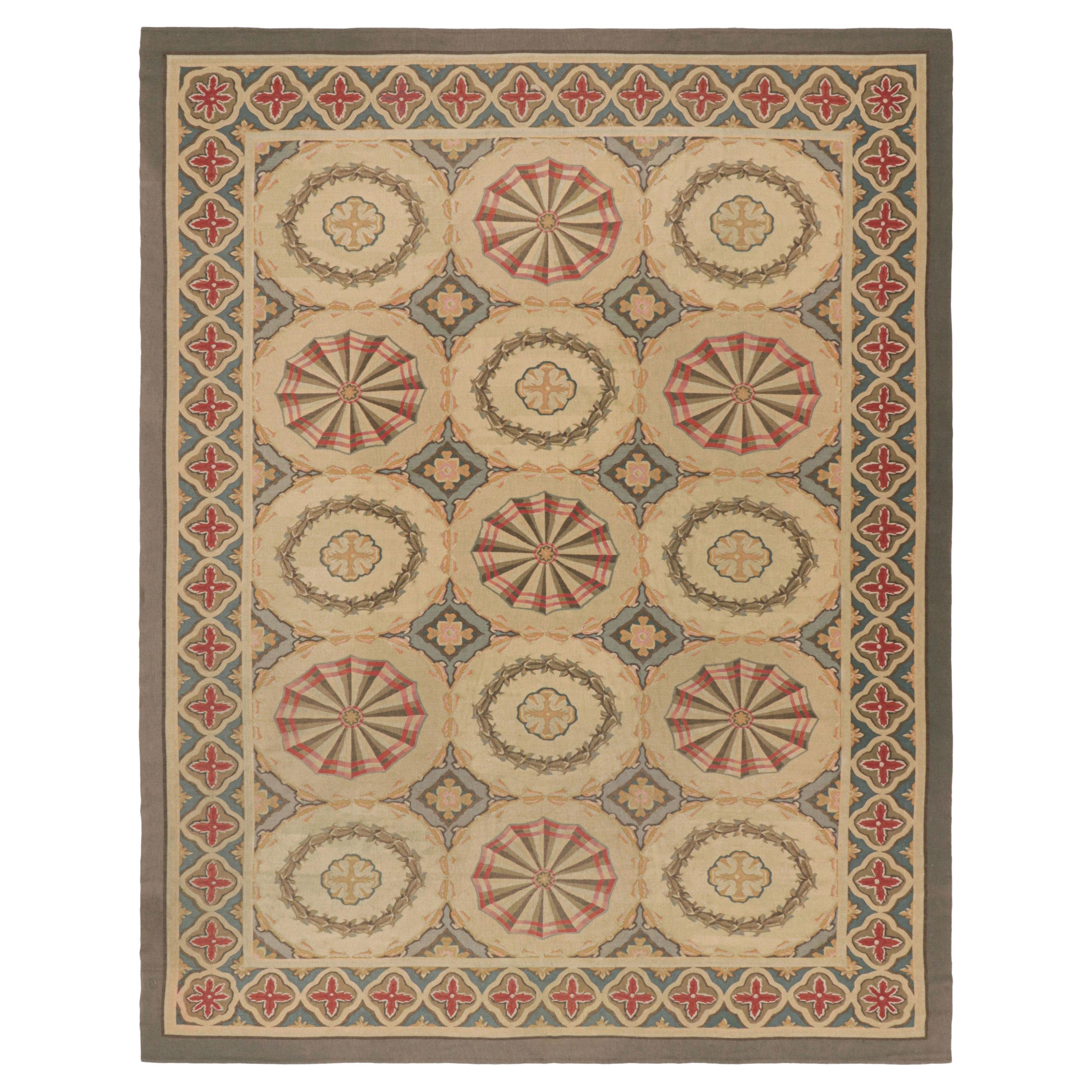 Vintage French Aubusson Rug in Beige with Geometric Medallions - Rug & Kilim