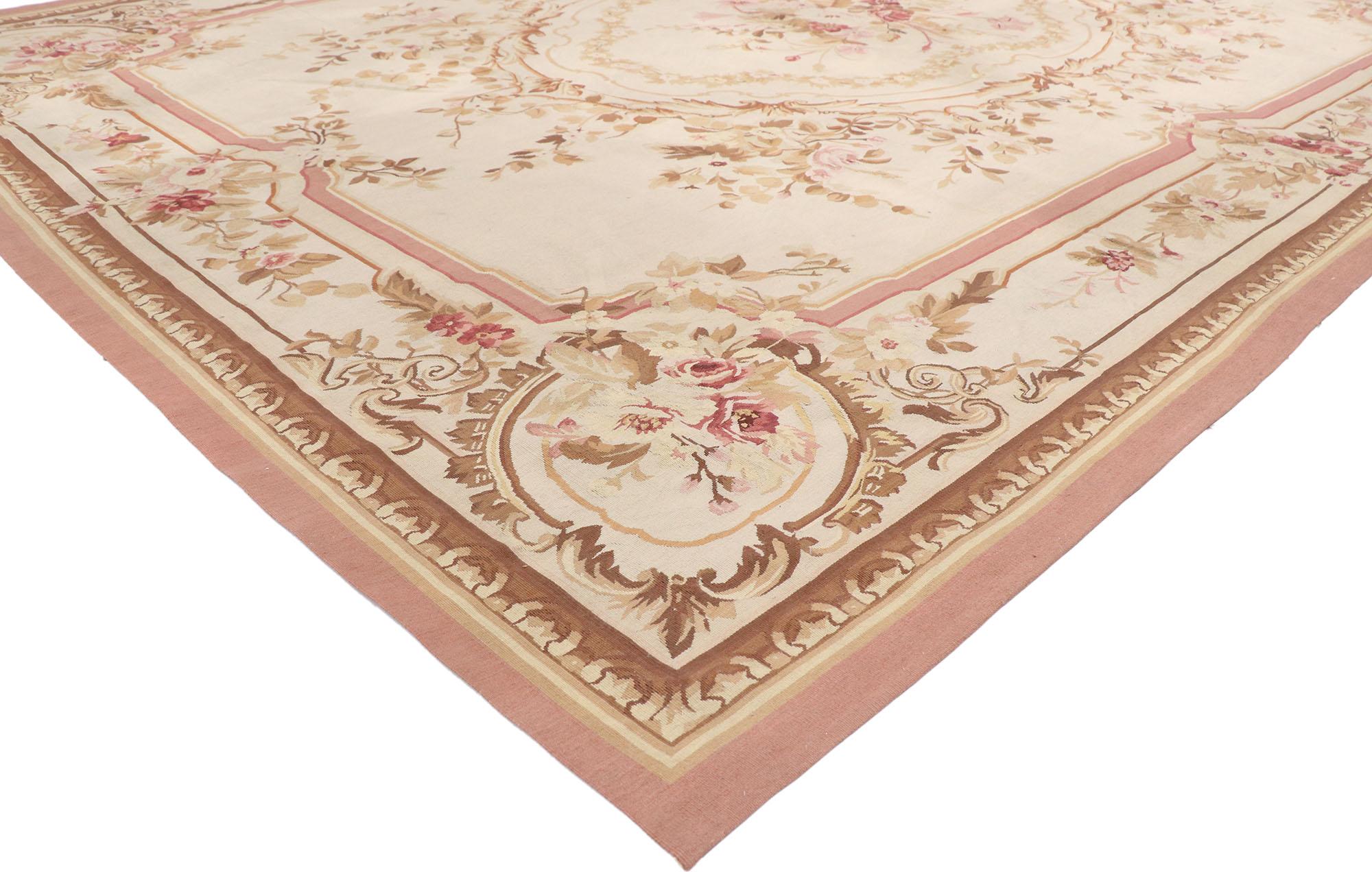77645 Vintage French Aubusson rug with romantic rococo style. Flourishing in technique and trend from the middle of the 17th century for nearly two hundred years, until the early 20th century, this hand-woven wool vintage French Aubusson rug is a
