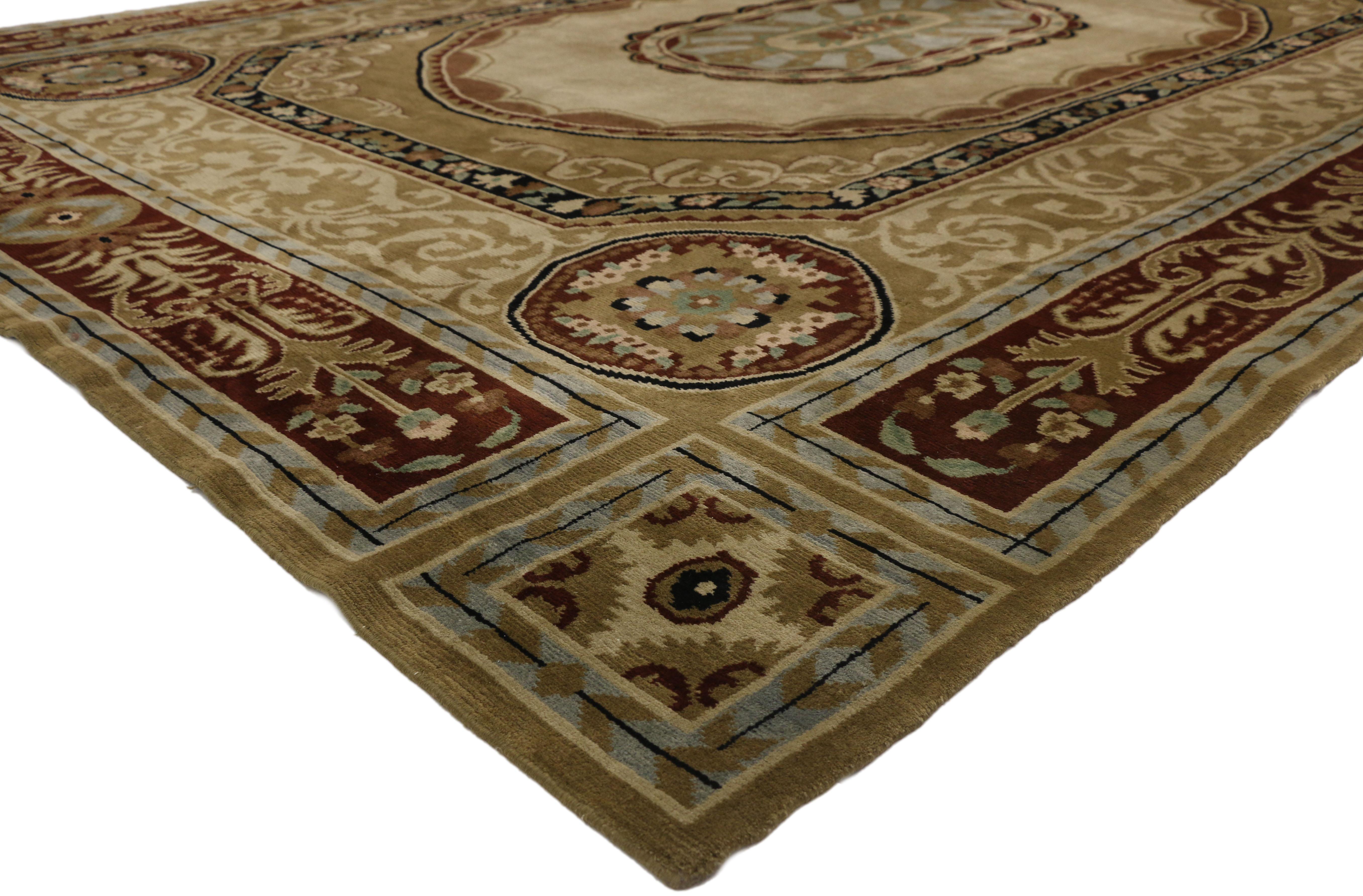 77314 Vintage French Aubusson Savonnerie Design Area Rug with Regal Louis XV Style 10'00 x 14'00. Reminisce of the ceiling in the dining room of Hotel de Trevise, this vintage French Aubusson Savonnerie style rug beautifully highlights a regal Louis
