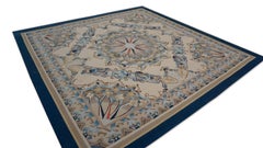 Vintage French Aubusson-style flatweave Navy and Beige  Rug 7'x7'