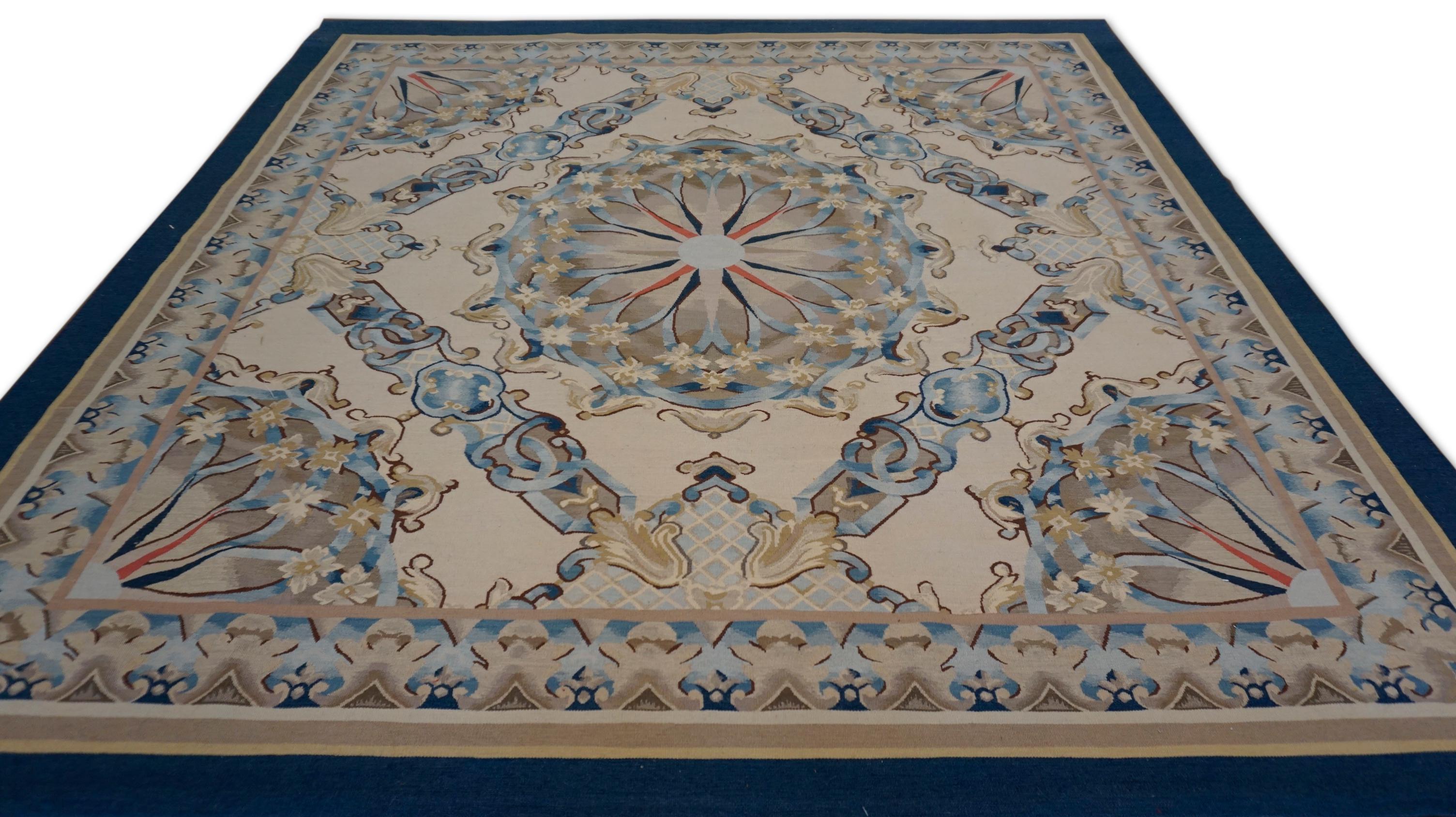 French Provincial Vintage French Aubusson-style flatweave Navy and Beige  Rug 7'x7' For Sale