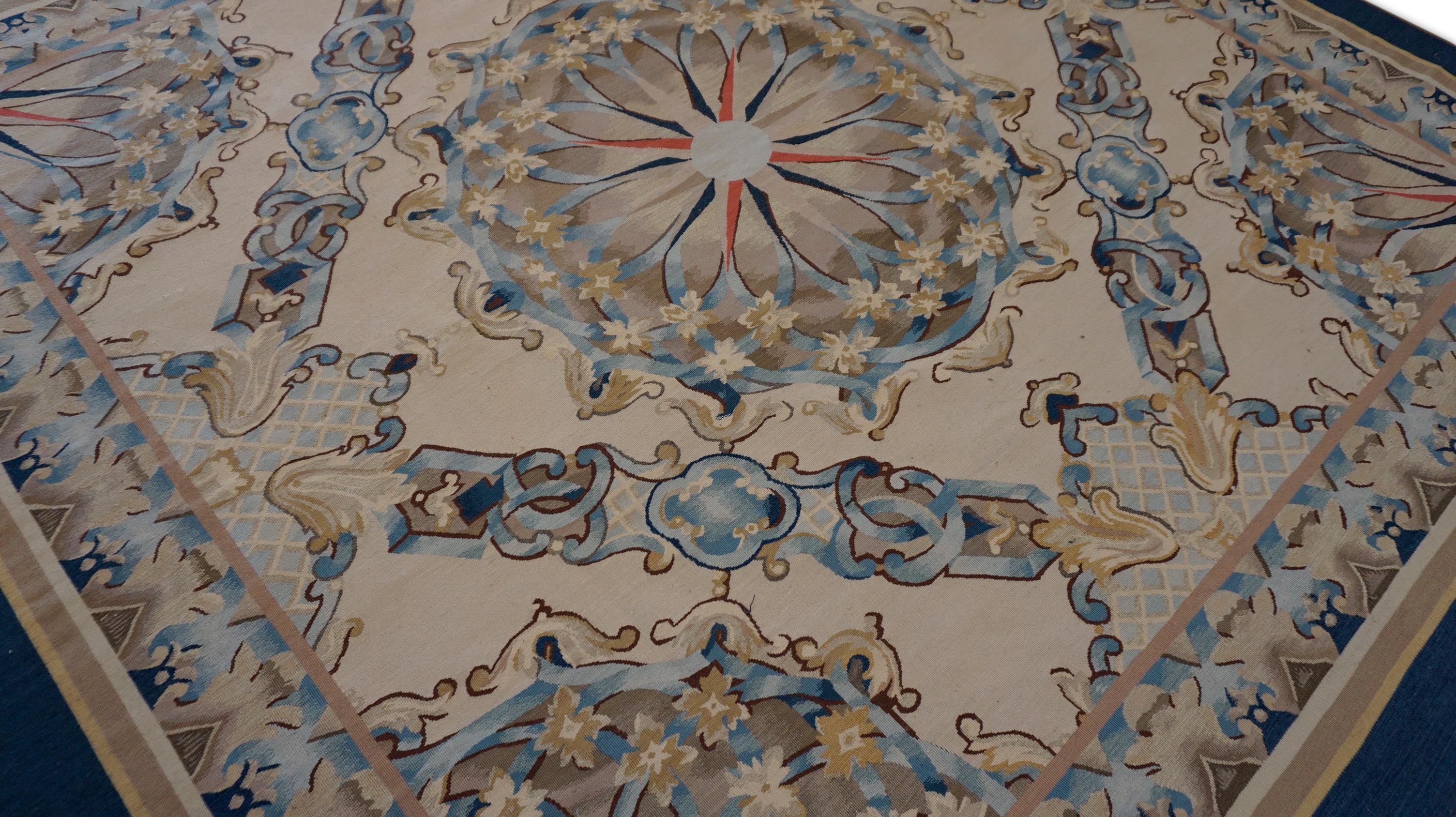 Chinese Vintage French Aubusson-style flatweave Navy and Beige  Rug 7'x7' For Sale
