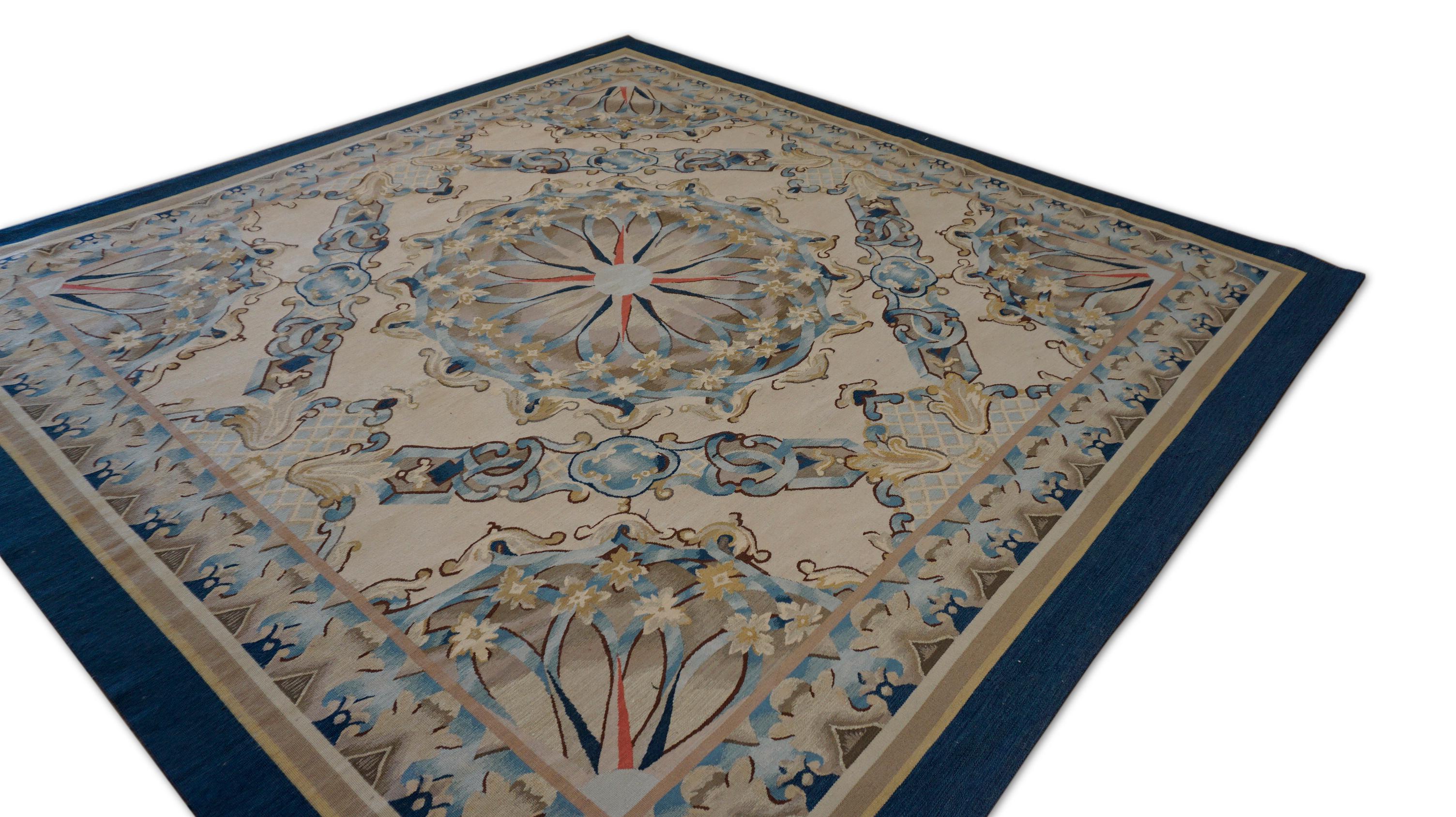 Hand-Knotted Vintage French Aubusson-style flatweave Navy and Beige  Rug 7'x7' For Sale