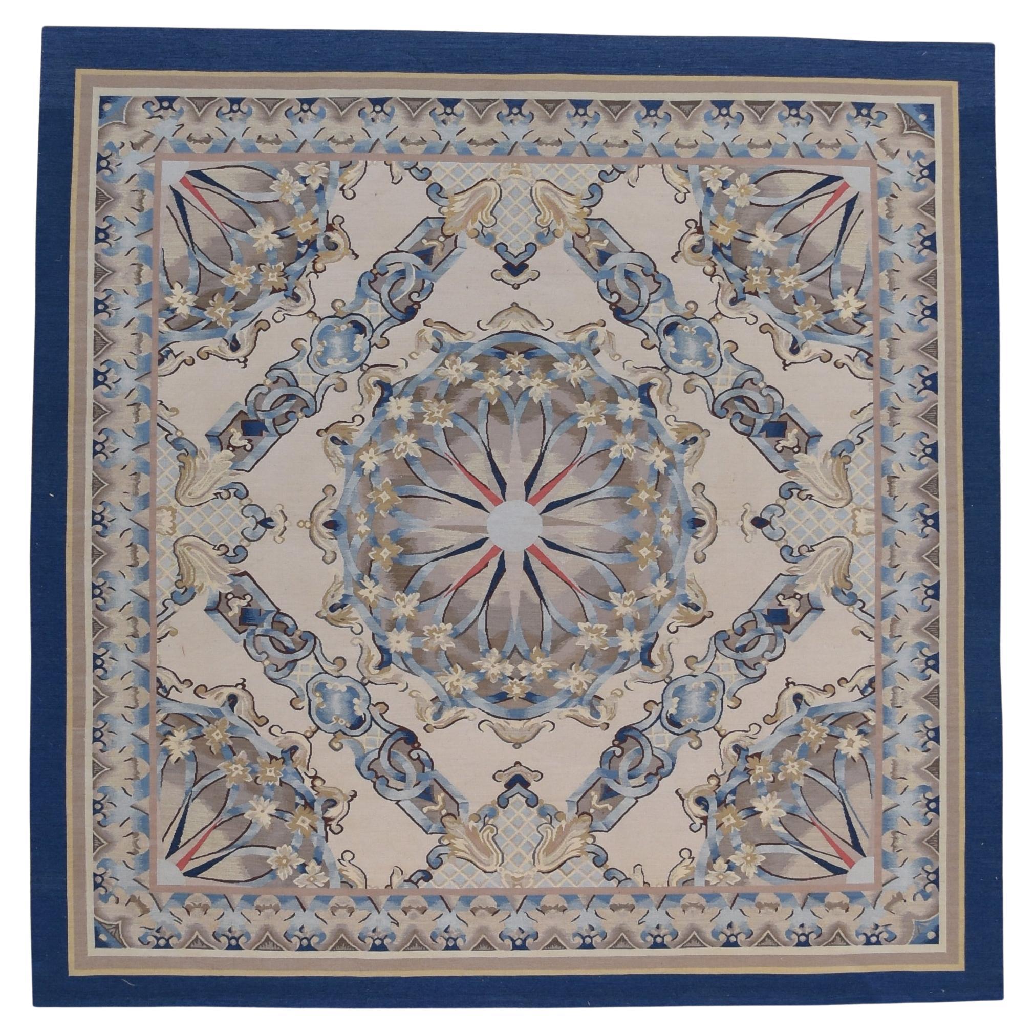 Vintage French Aubusson-style flatweave Navy and Beige  Rug 7'x7' For Sale
