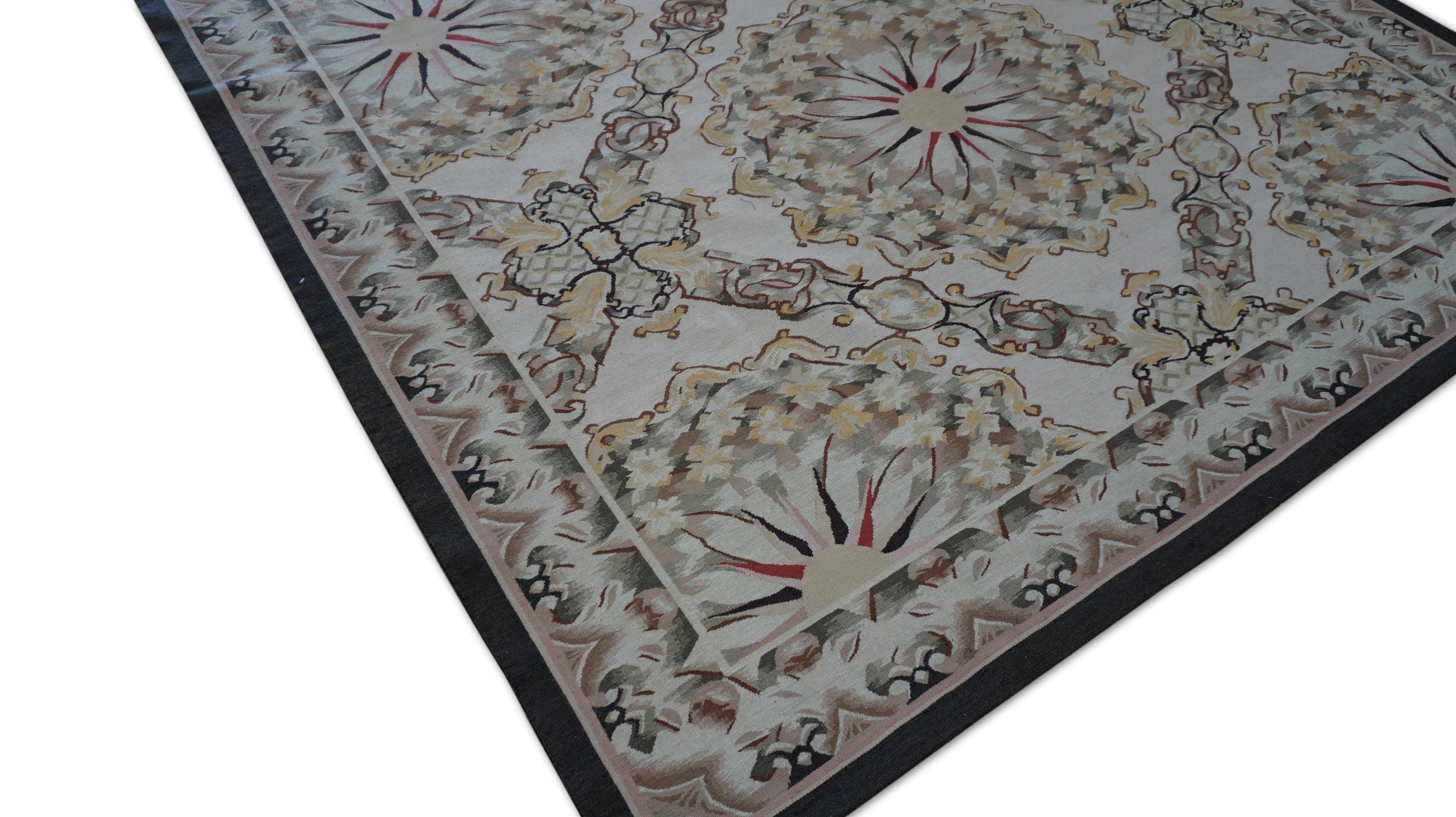 Tessuto a mano Vintage francese in stile Aubusson a trama piatta Tan Brown Gold Wool 6'3''x8'10'' in vendita