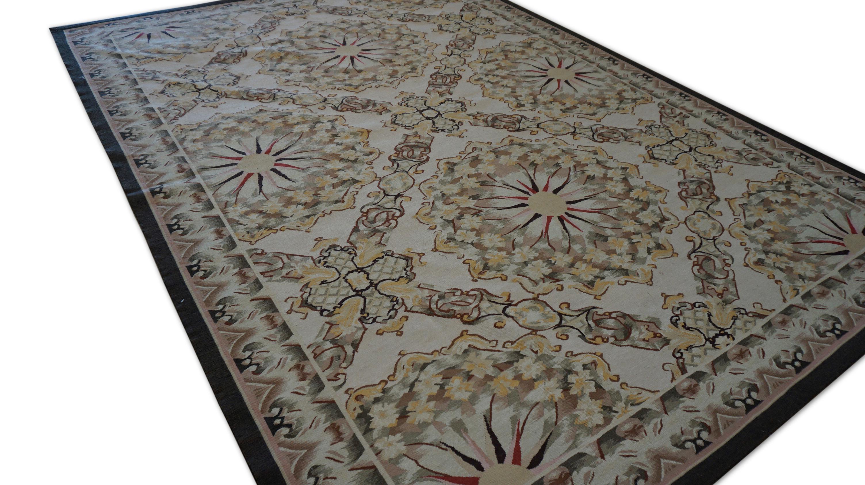 Vintage francese in stile Aubusson a trama piatta Tan Brown Gold Wool 6'3''x8'10'' in vendita 1