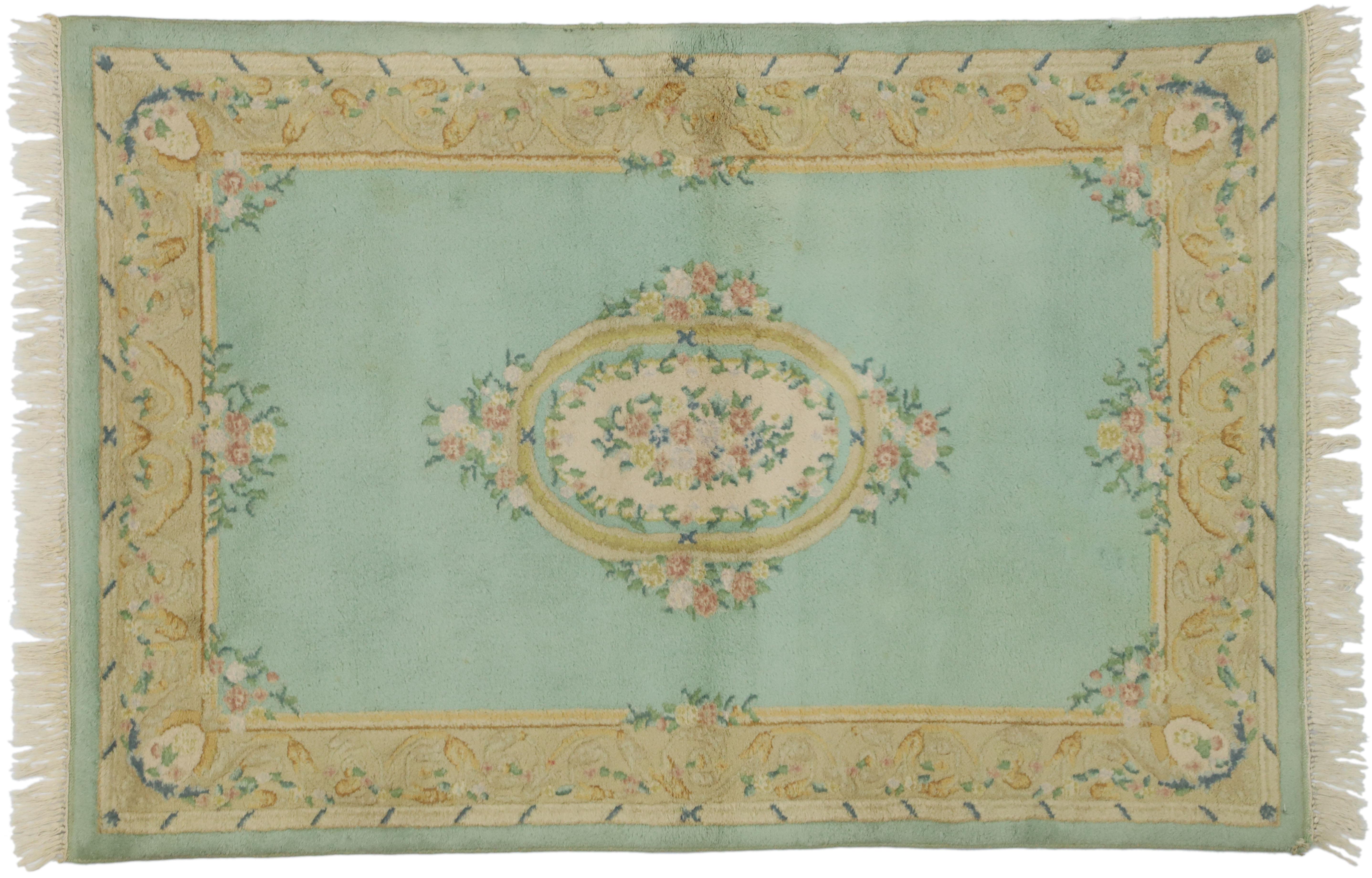 Wool Vintage French Aubusson Style Rug with French Rococo Georgian Style